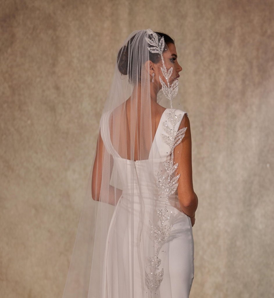 Cathedral-Length Wedding Veil with Beaded Leaf Design on the Edges