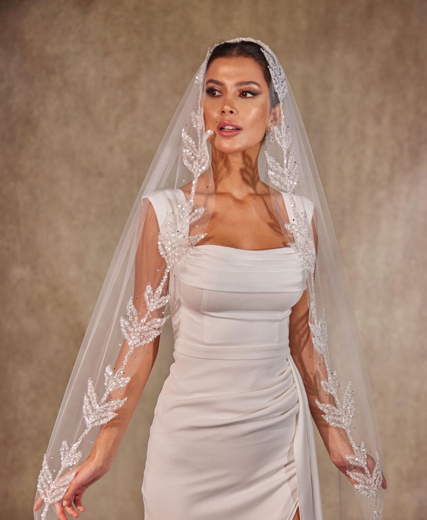 Cathedral-Length Wedding Veil with Beaded Leaf Design on the Edges