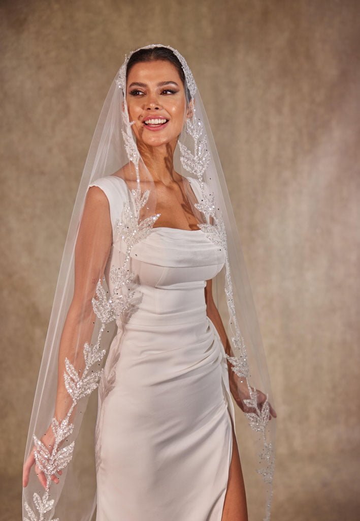 Cathedral-Length Wedding Veil with Beaded Leaf Design on the Edges