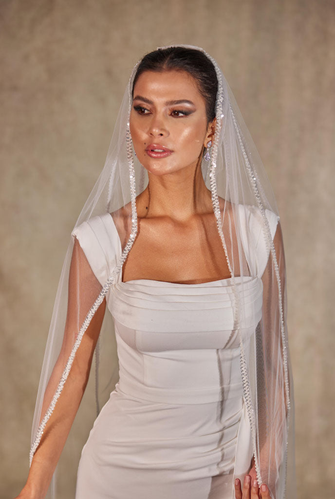 Wedding Veil - Elegant Vertical Lines with Sequins and Beads, Perfect for Bridal Attire, Ideal Bridal Shower Gift-D218