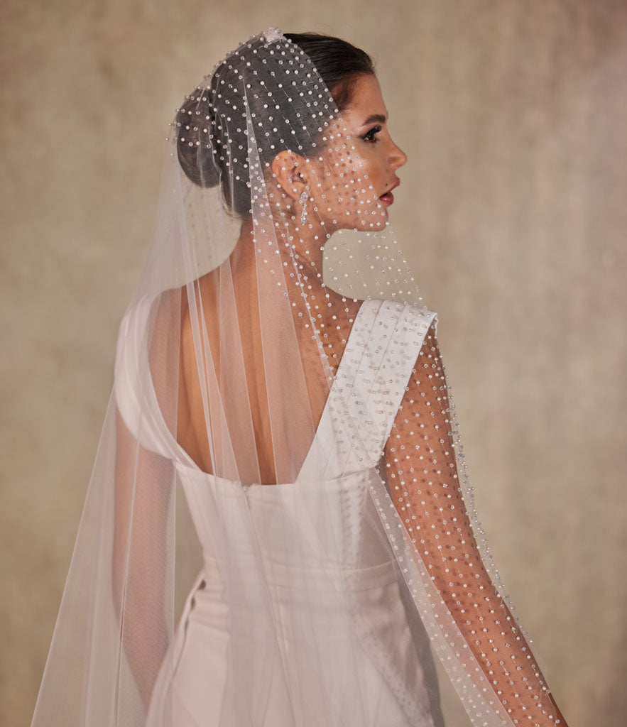 Pearl and Crystal Beaded Wedding Veil - D222R - Bridal Port