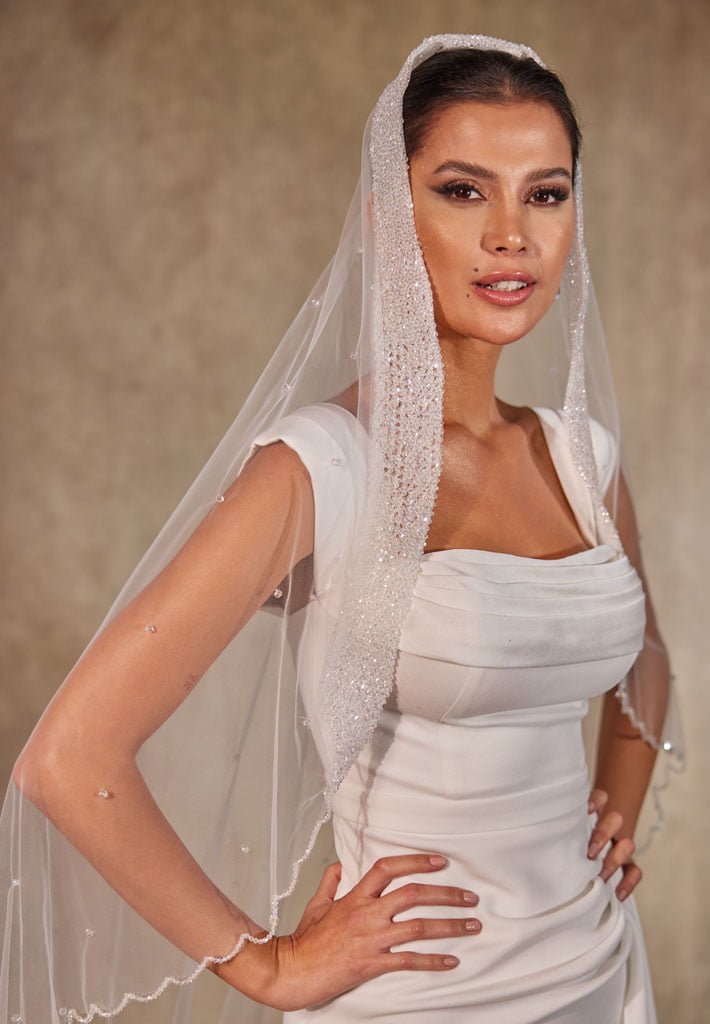 Luxe Beaded Bridal Veil | Cascading Illusion Tulle | Fingertip to Cathedral