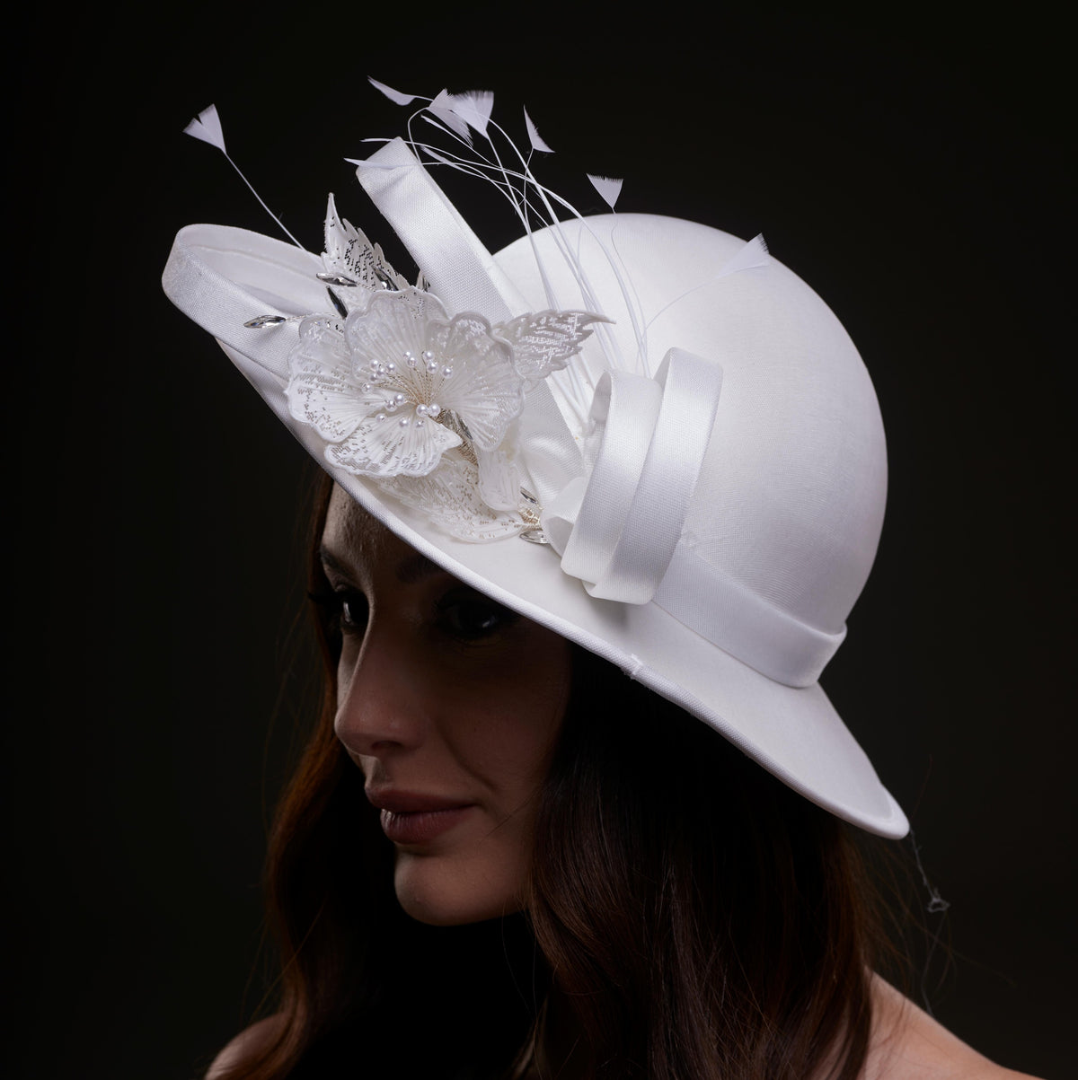 White Bridal Hat with Flower and Ribbon