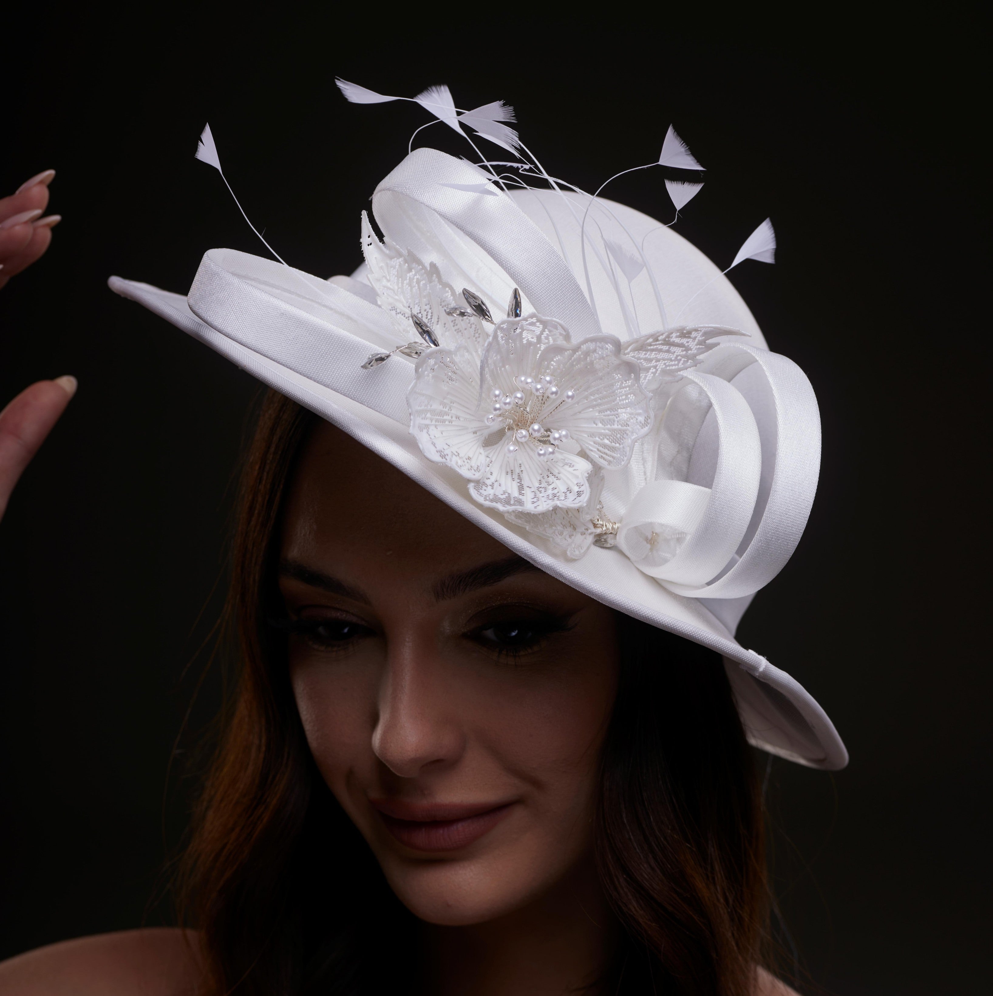 White Bridal Hat with Flower and Ribbon