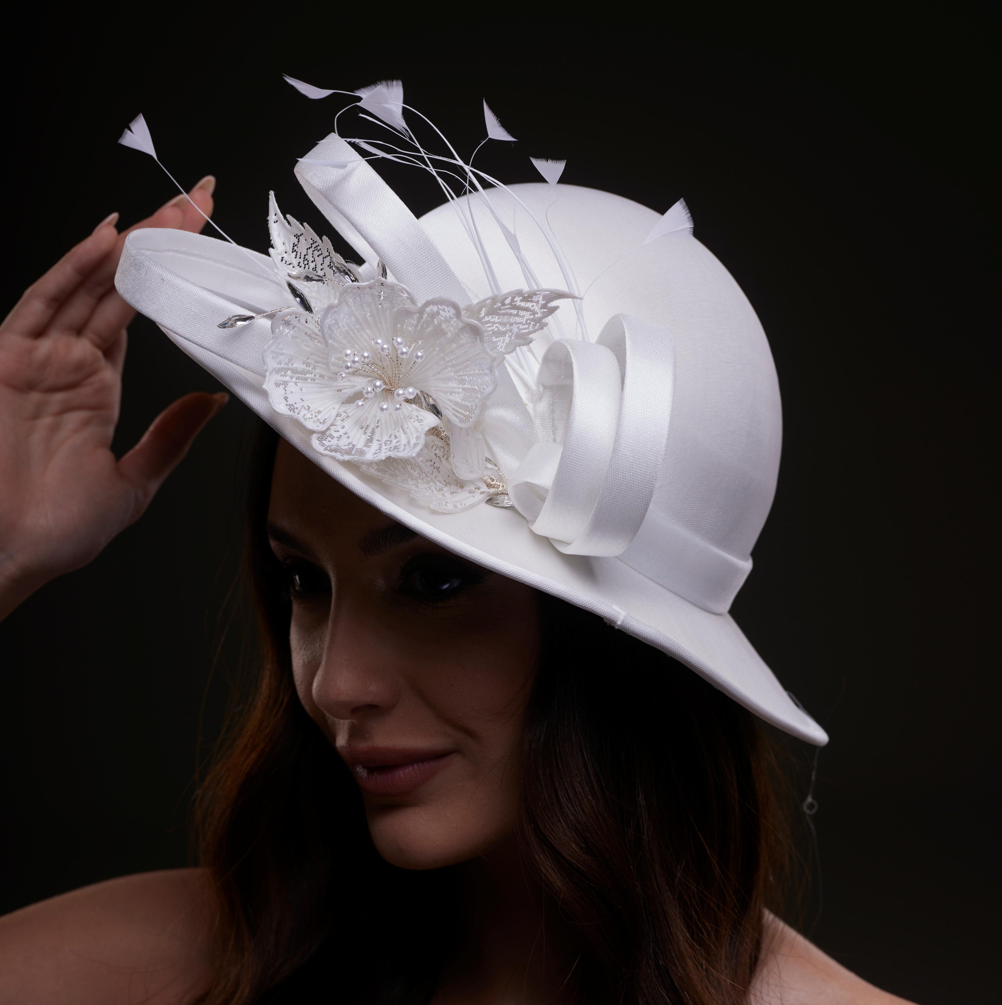 White Bridal Hat with Flower and Ribbon