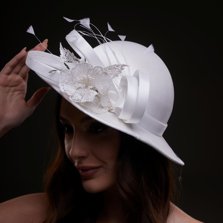 White Bridal Hat with Flower and Ribbon