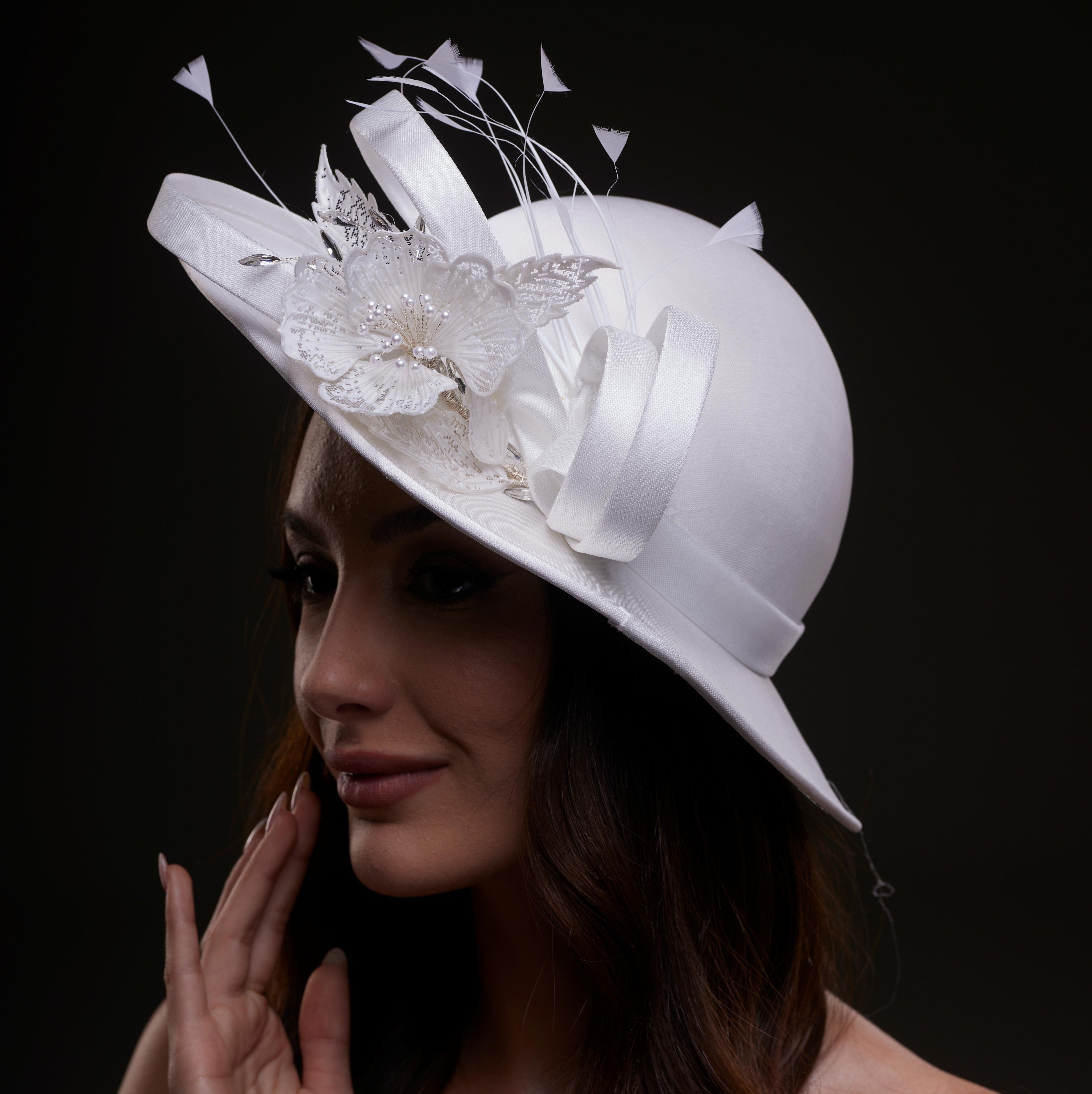 White Bridal Hat with Flower and Ribbon