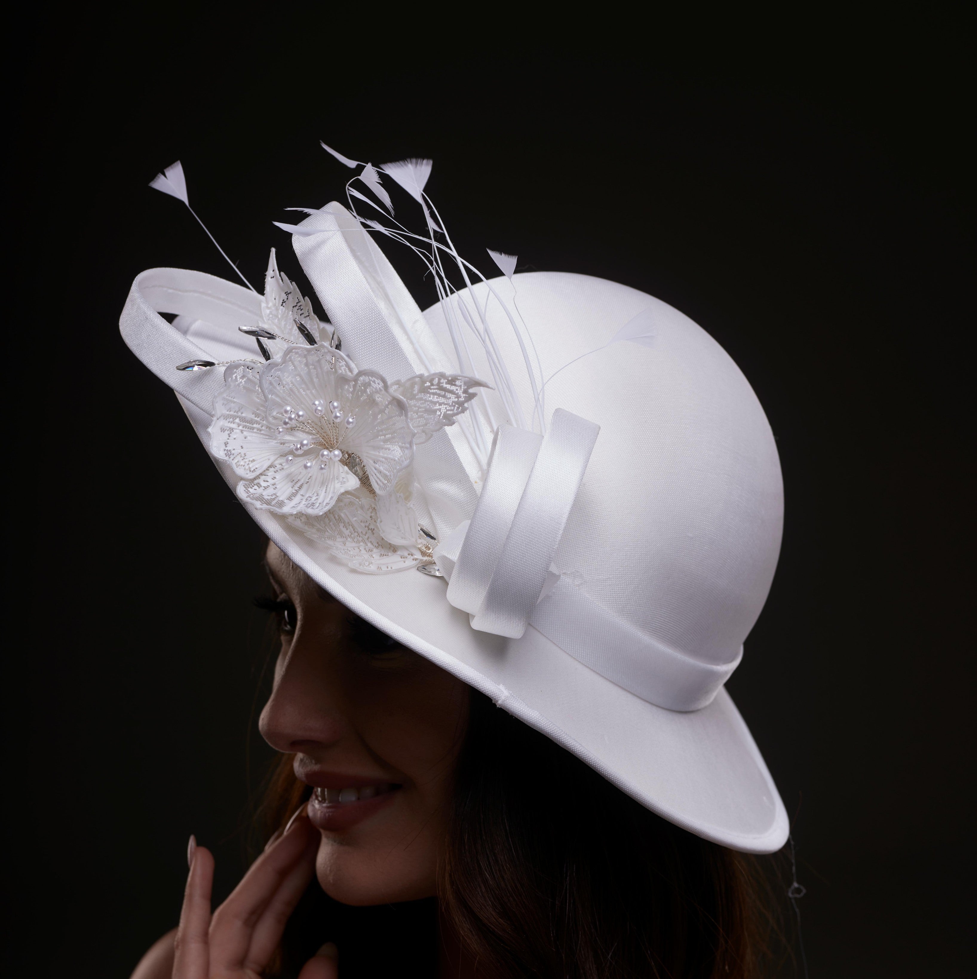White Bridal Hat with Flower and Ribbon