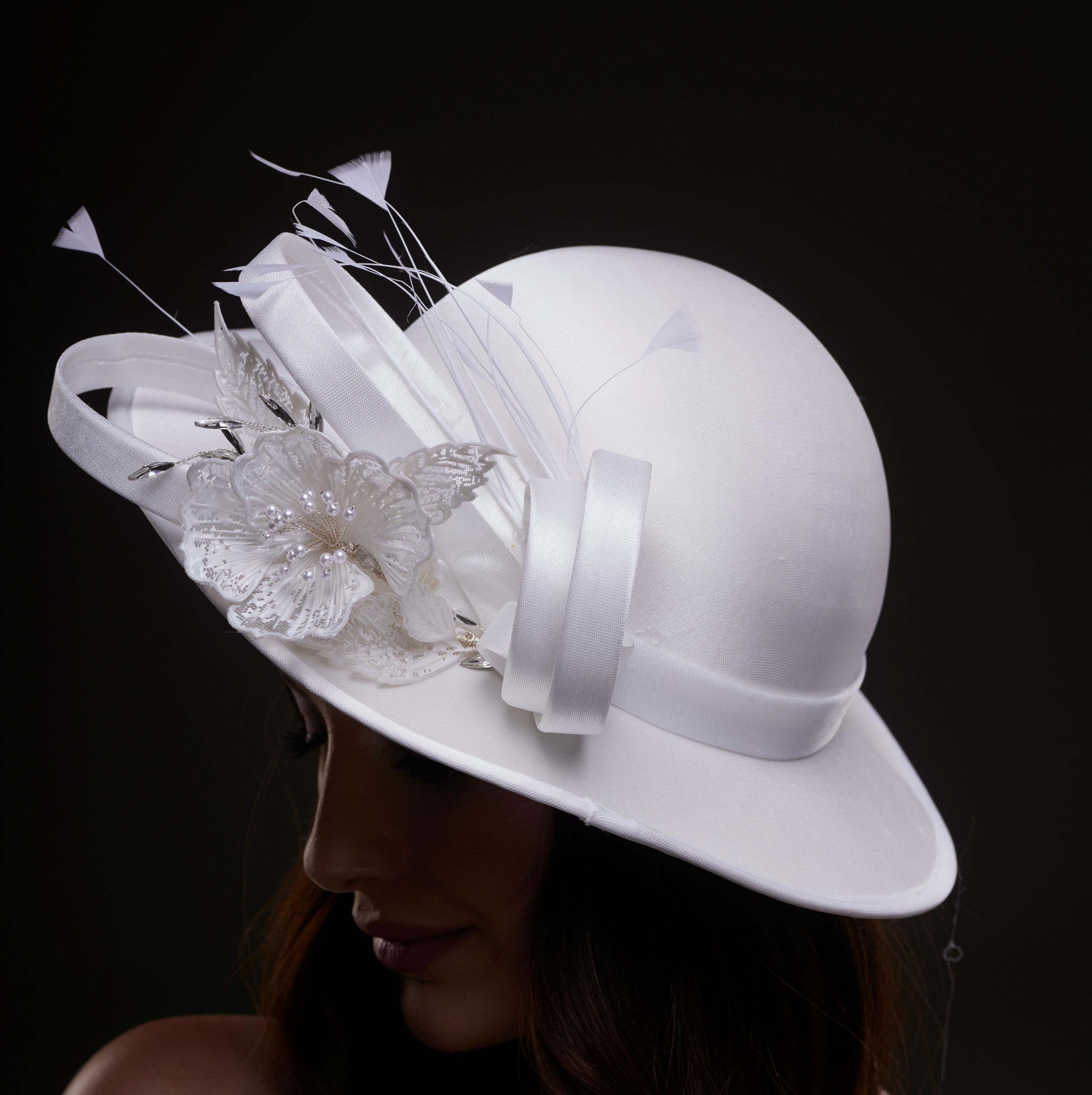 White Bridal Hat with Flower and Ribbon