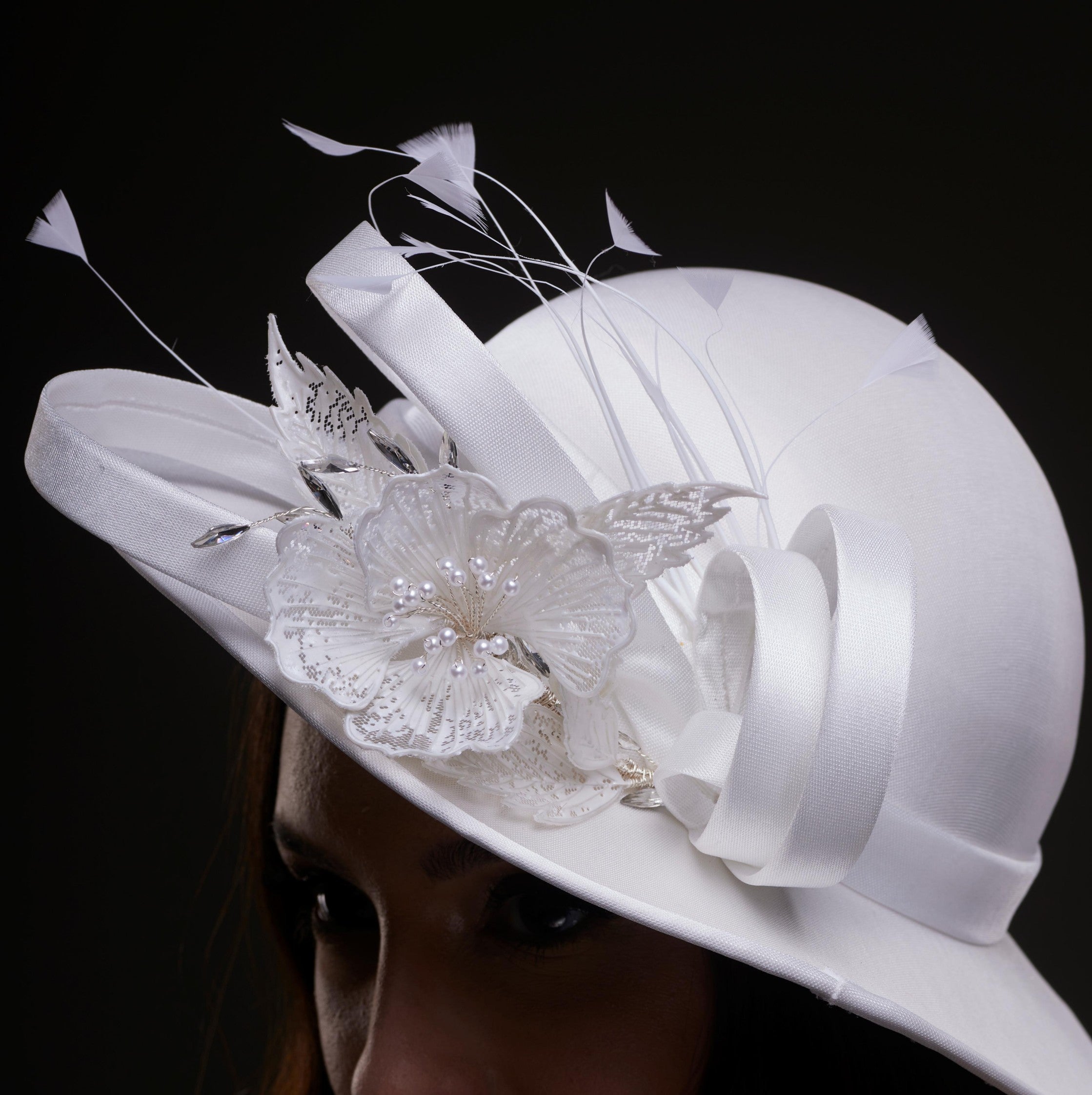 White Bridal Hat with Flower and Ribbon