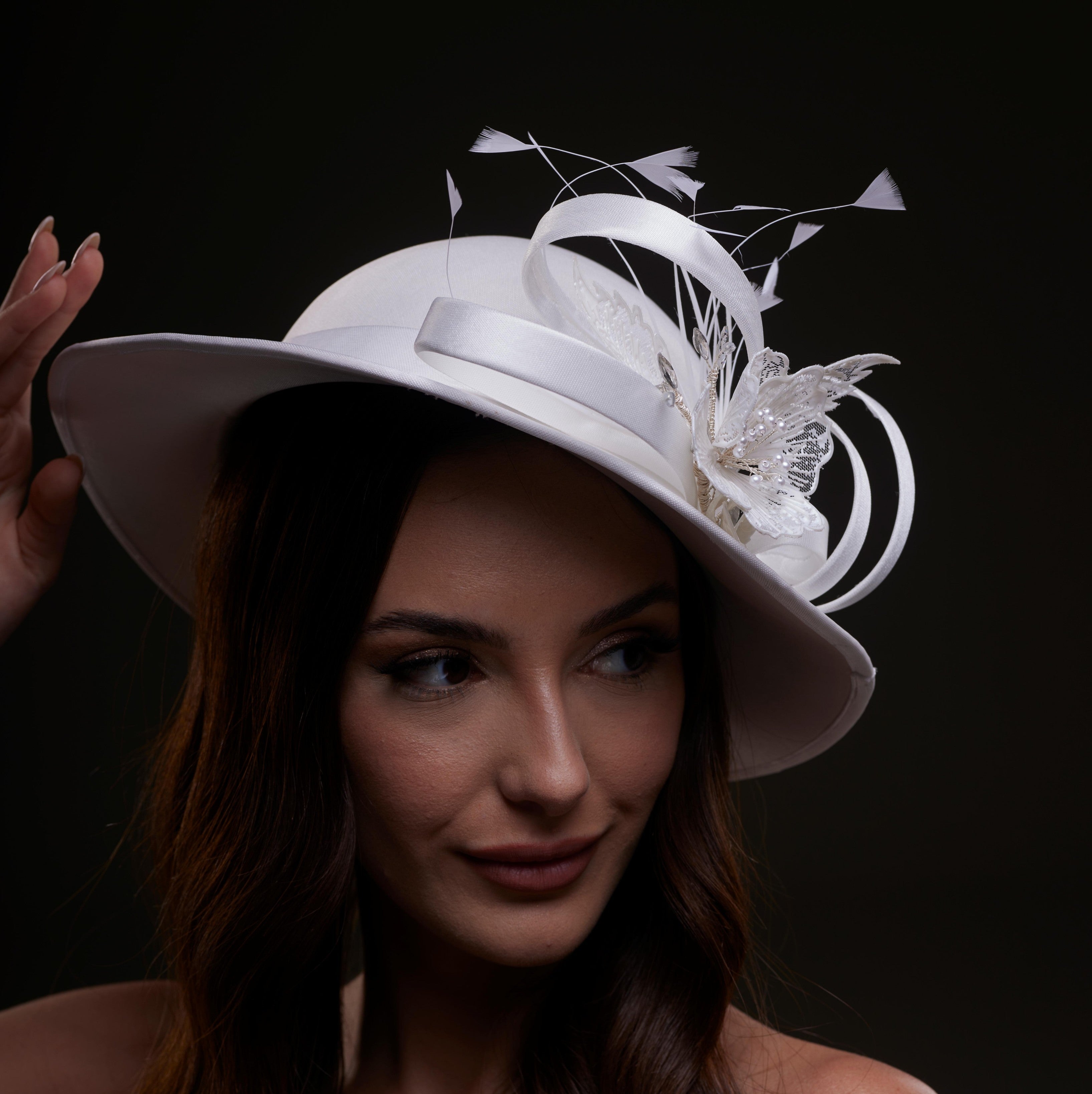 White Bridal Hat with Flower and Ribbon