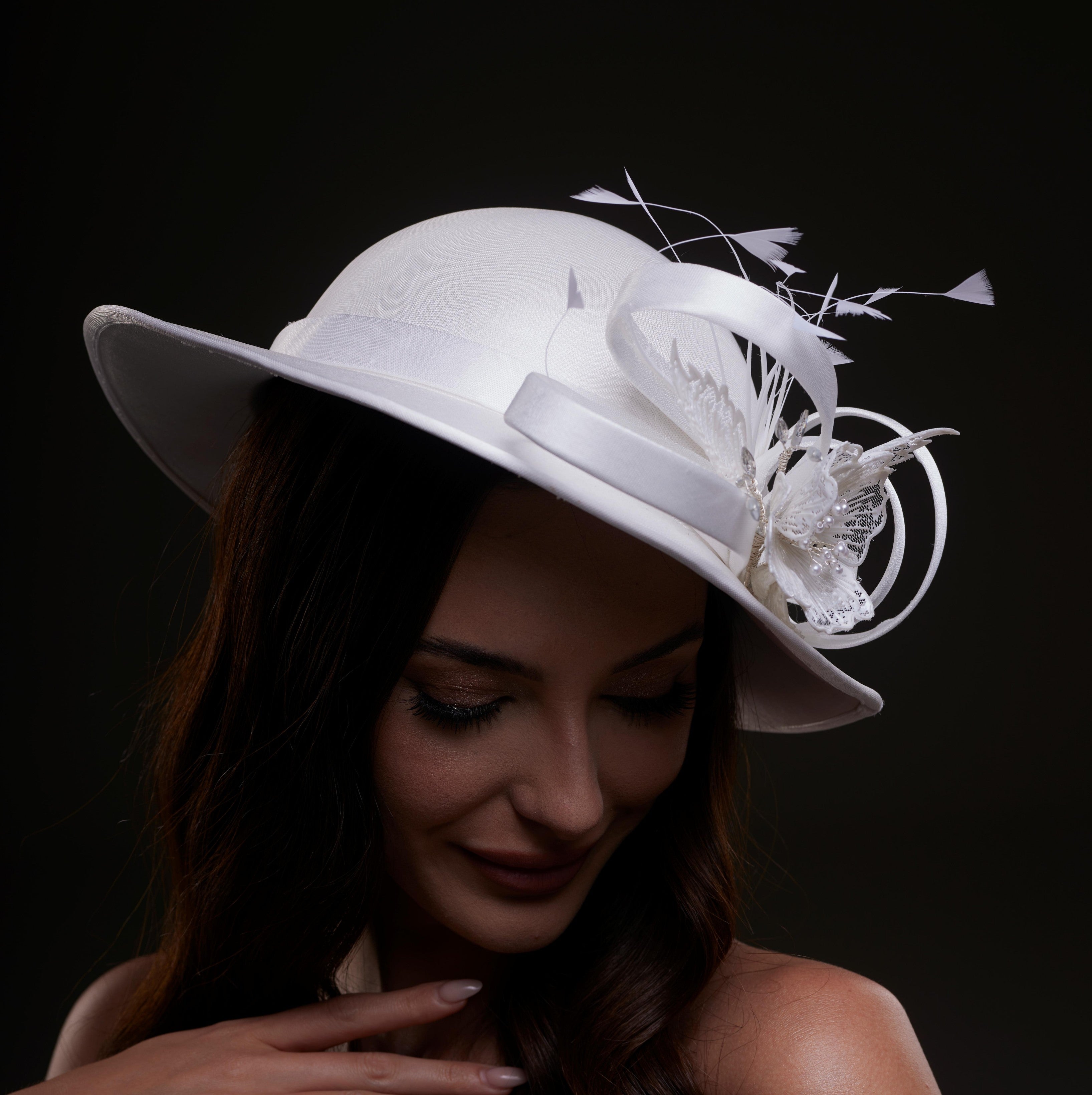 White Bridal Hat with Flower and Ribbon