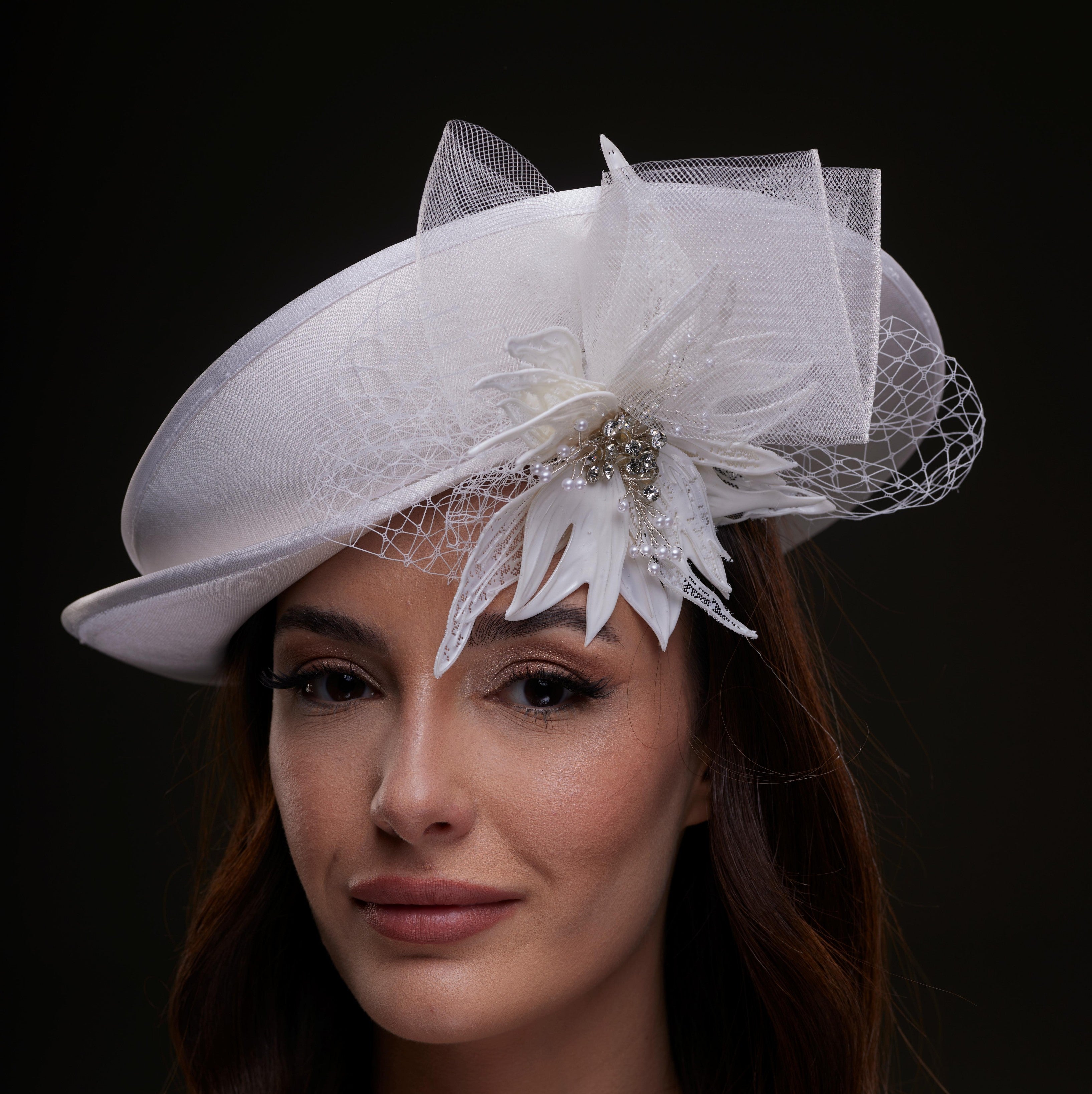 White Bridal Hat with Sculpted Flower