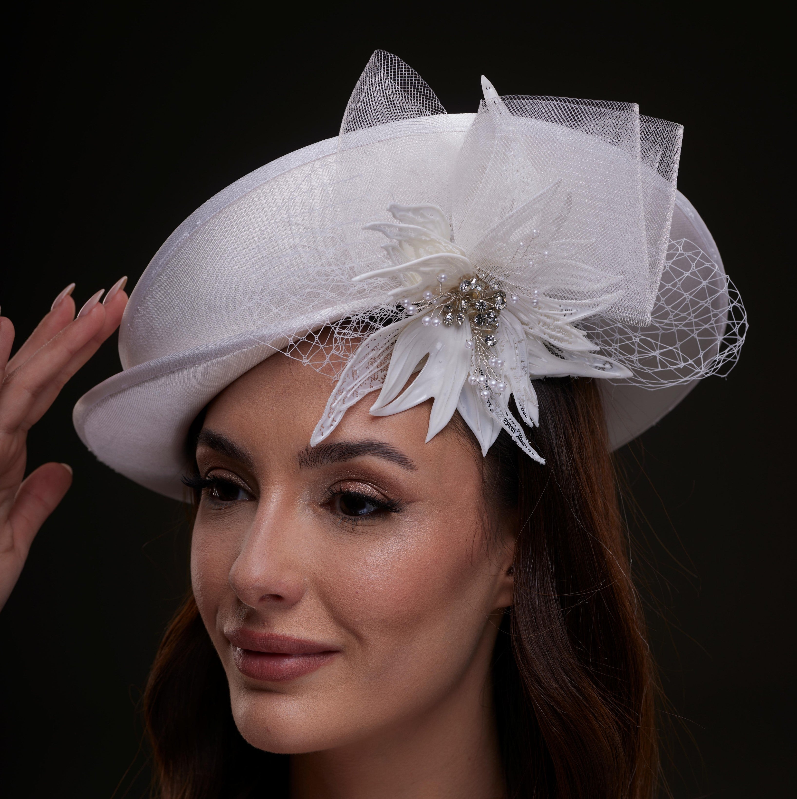 White Bridal Hat with Sculpted Flower