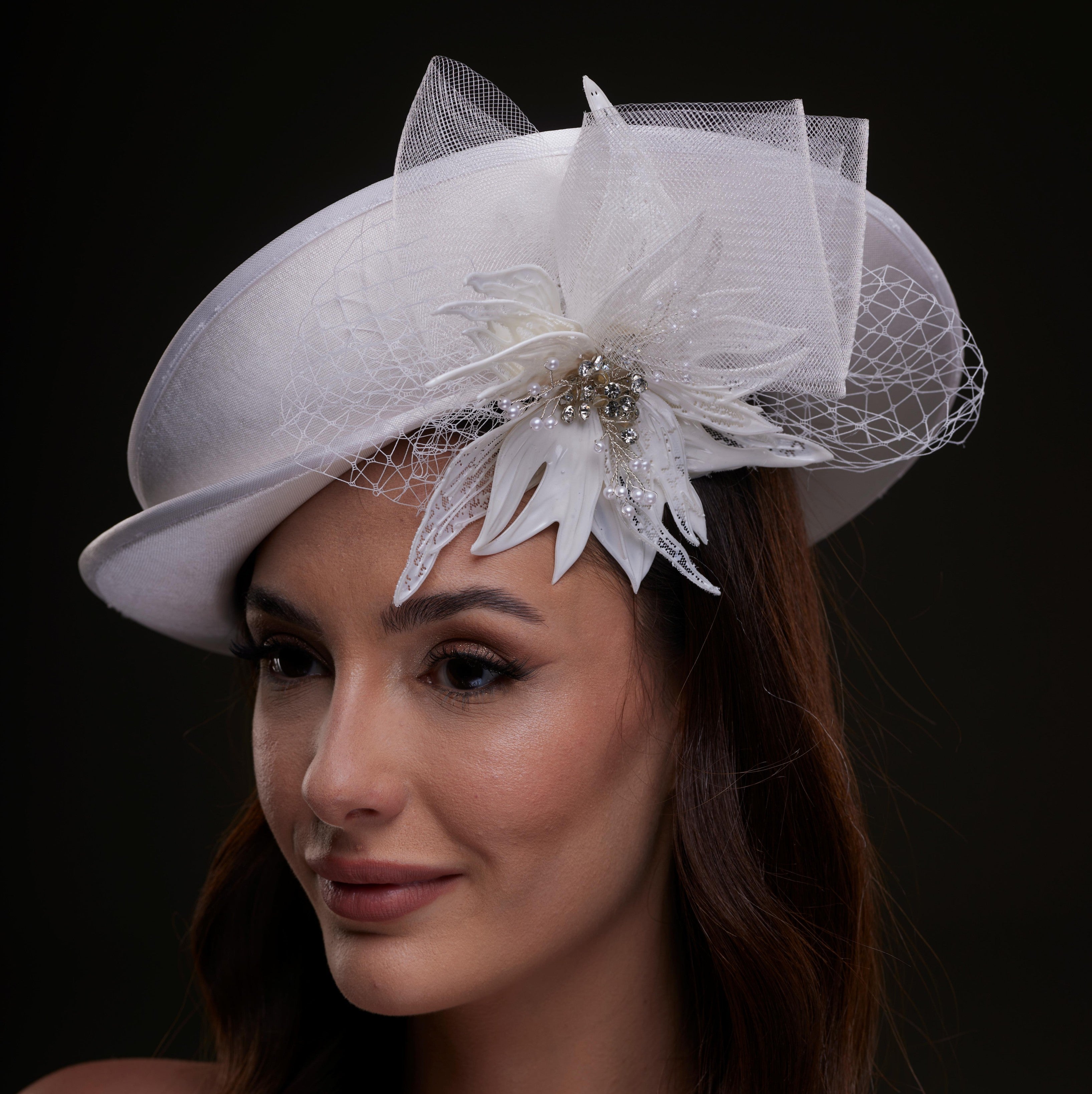 White Bridal Hat with Sculpted Flower