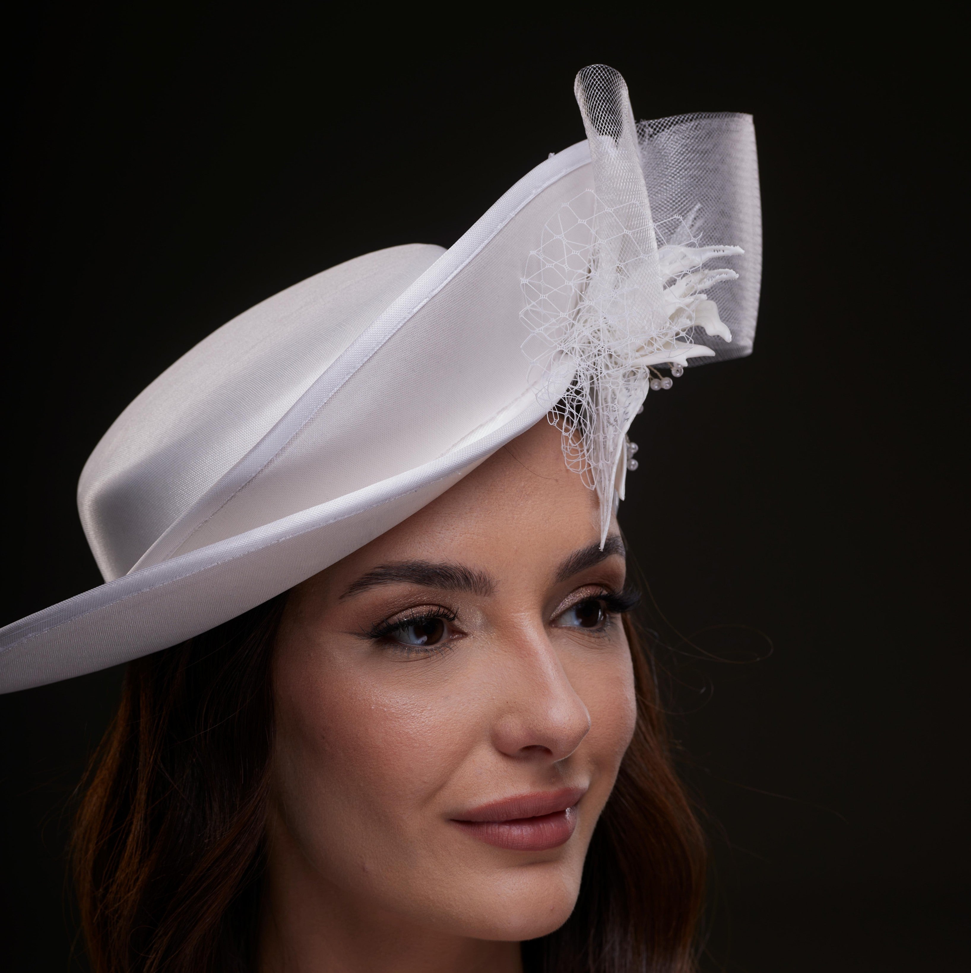 White Bridal Hat with Sculpted Flower