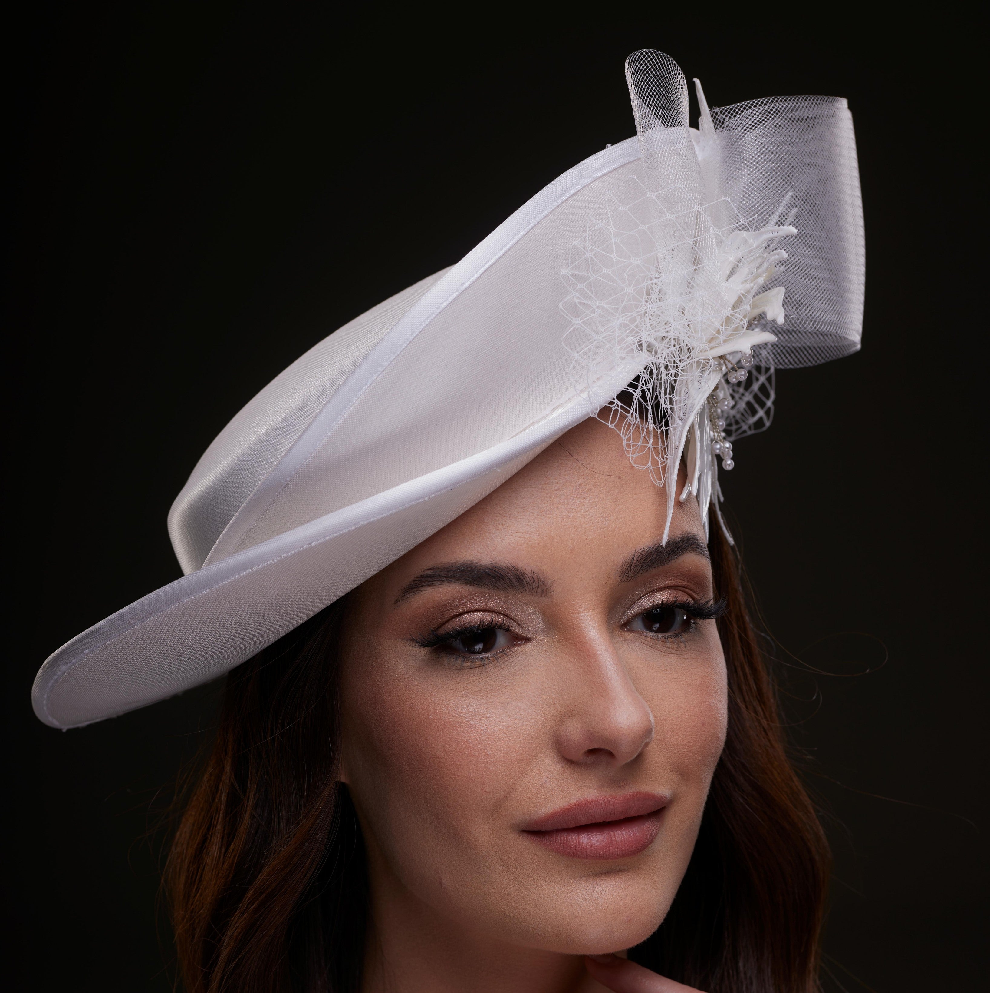 White Bridal Hat with Sculpted Flower