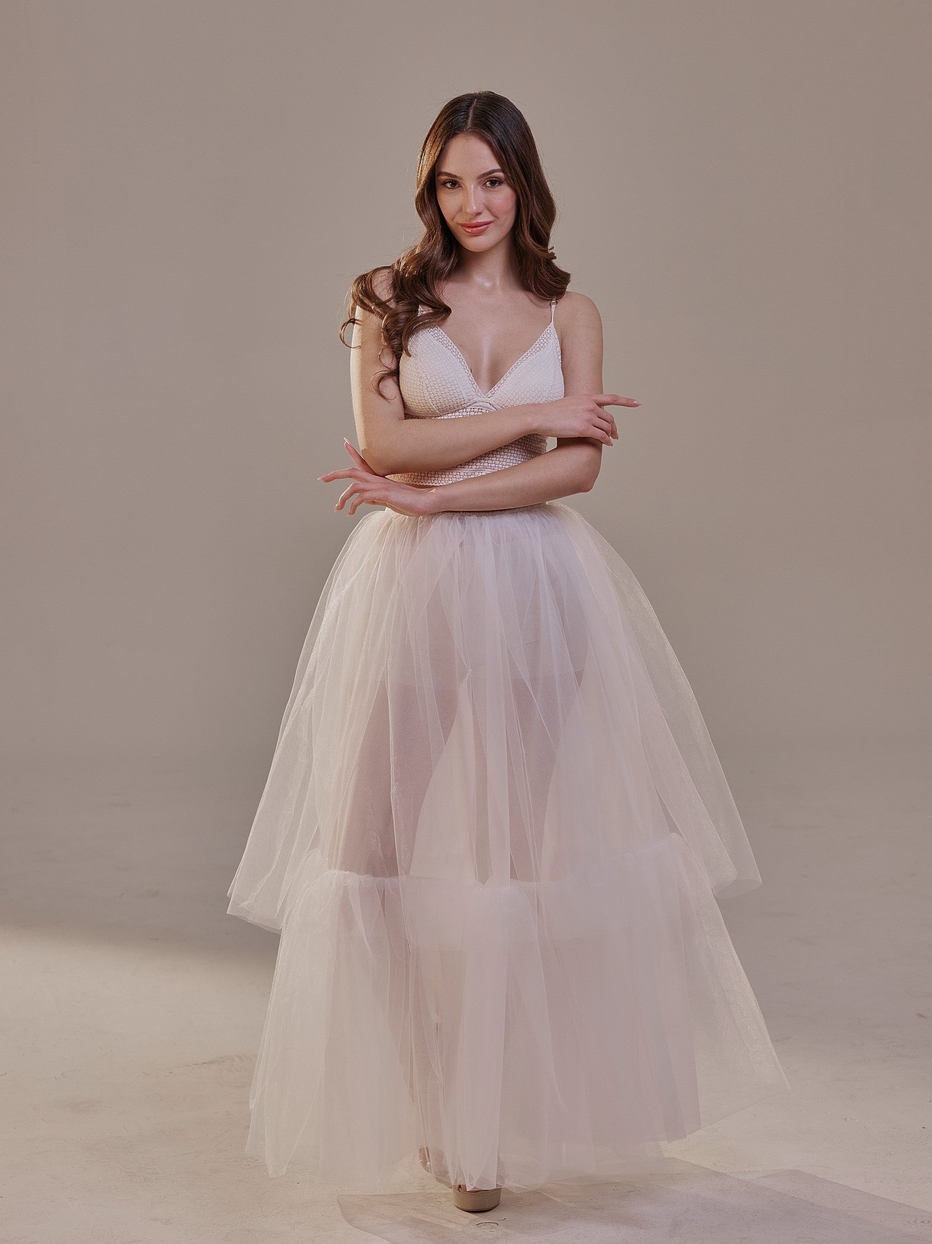 WDPL Women's Long Tulle Maxi Skirt - 4-Layer Wedding & Special Occasion Bustle Skirt, White Large
