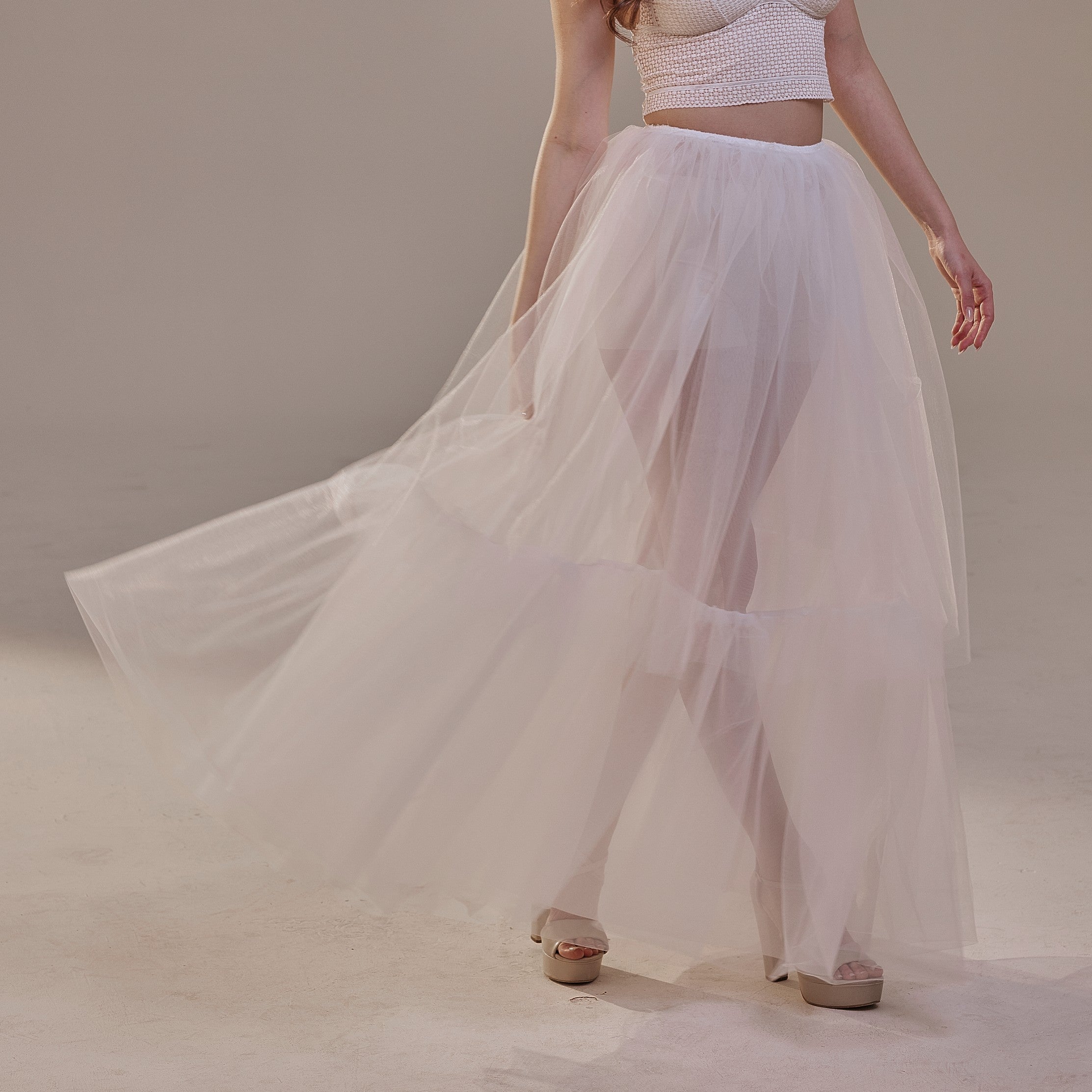 Elegant Double Tulle Skirt , Double Layer  Soft White Tulle Skirt for Women, Sheer Maxi Overskirt