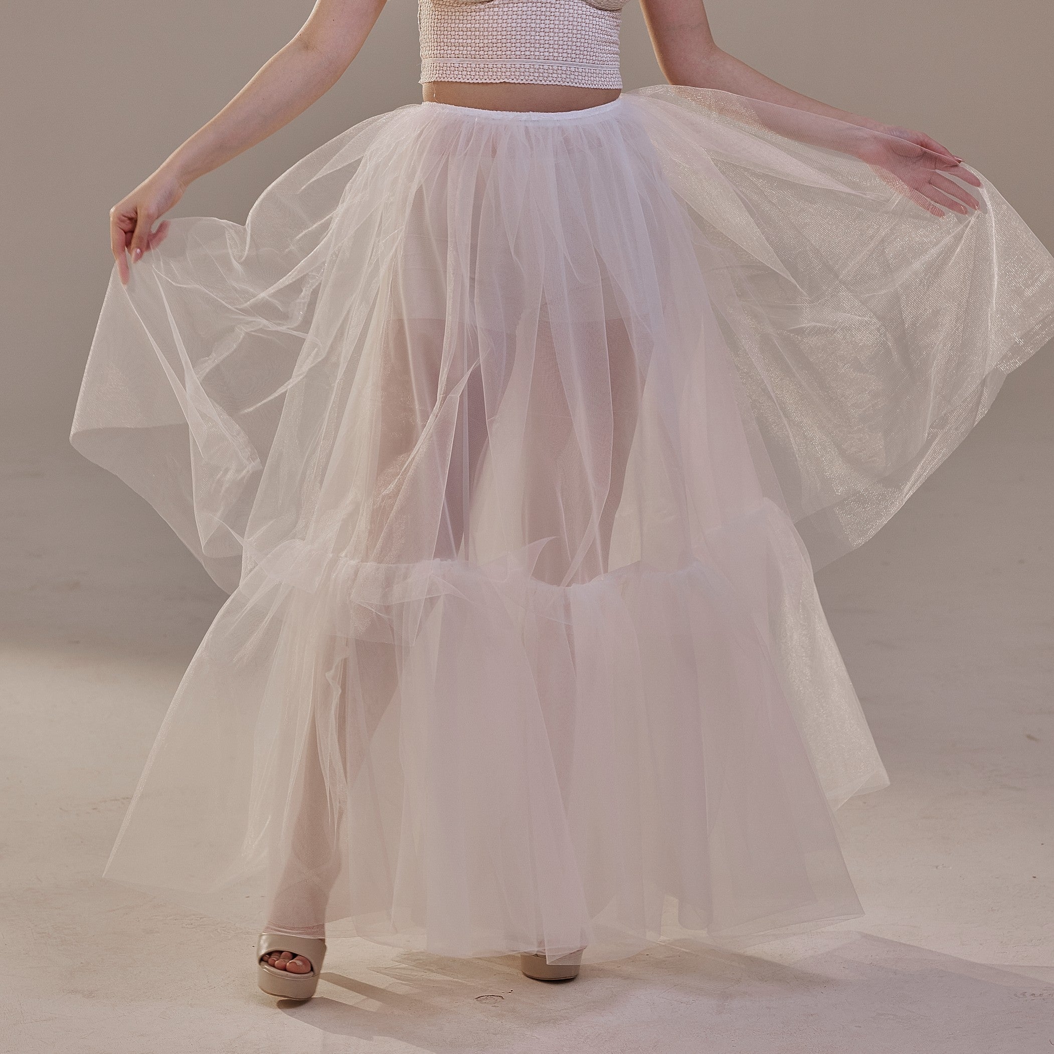 Elegant Double Tulle Skirt , Double Layer  Soft White Tulle Skirt for Women, Sheer Maxi Overskirt