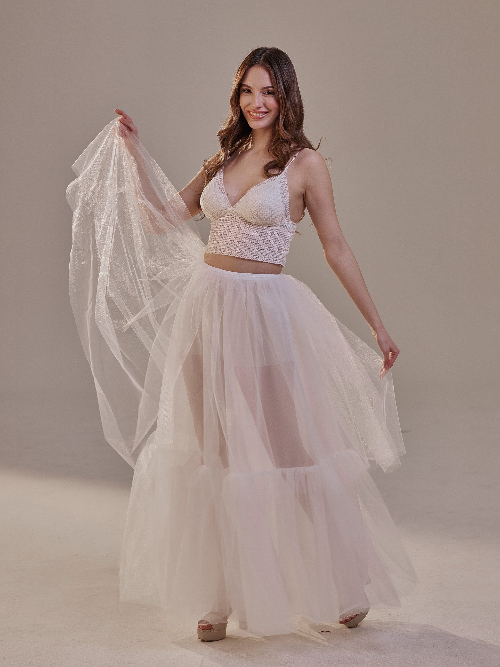 Elegant Double Tulle Skirt , Double Layer  Soft White Tulle Skirt for Women, Sheer Maxi Overskirt