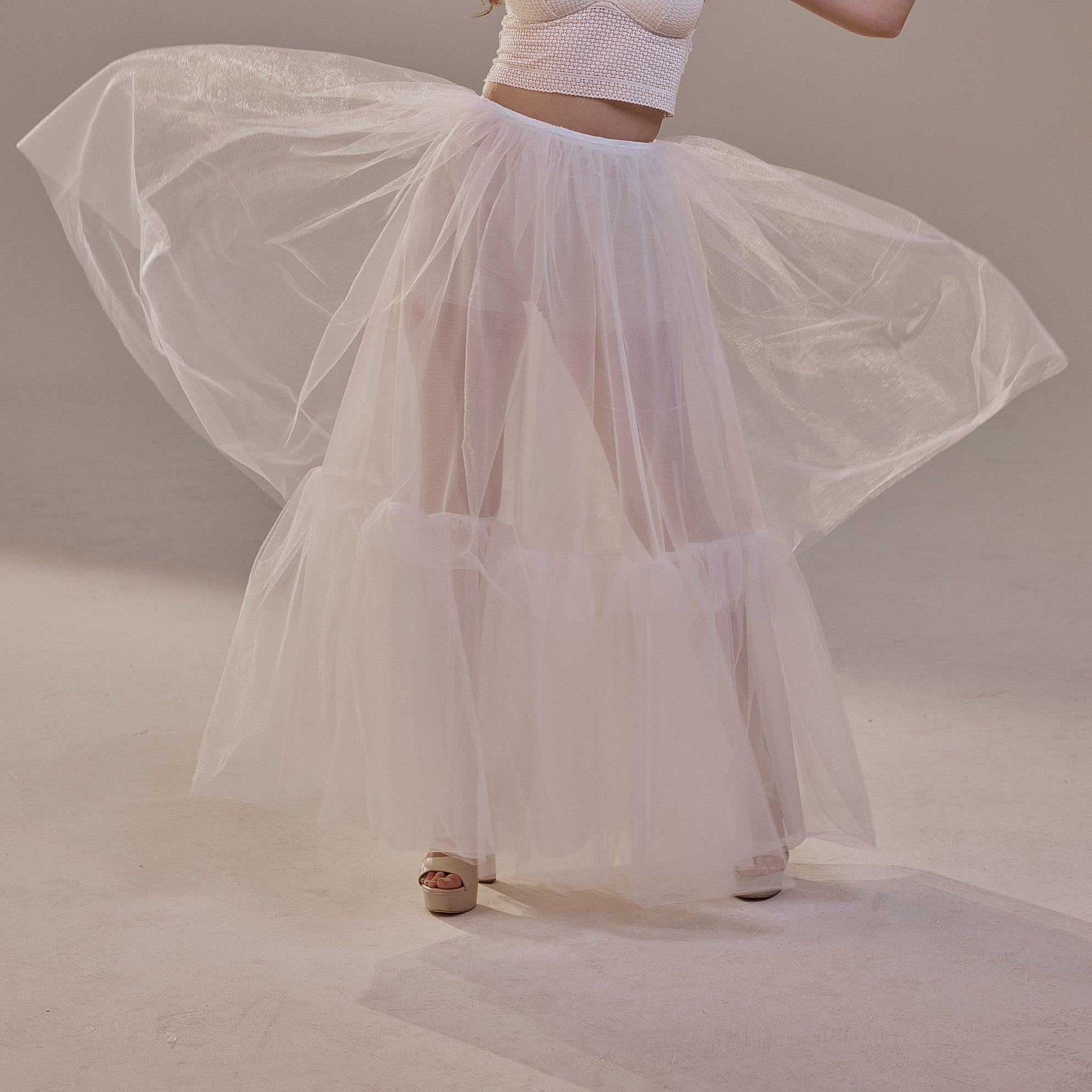 Elegant Double Tulle Skirt , Double Layer  Soft White Tulle Skirt for Women, Sheer Maxi Overskirt