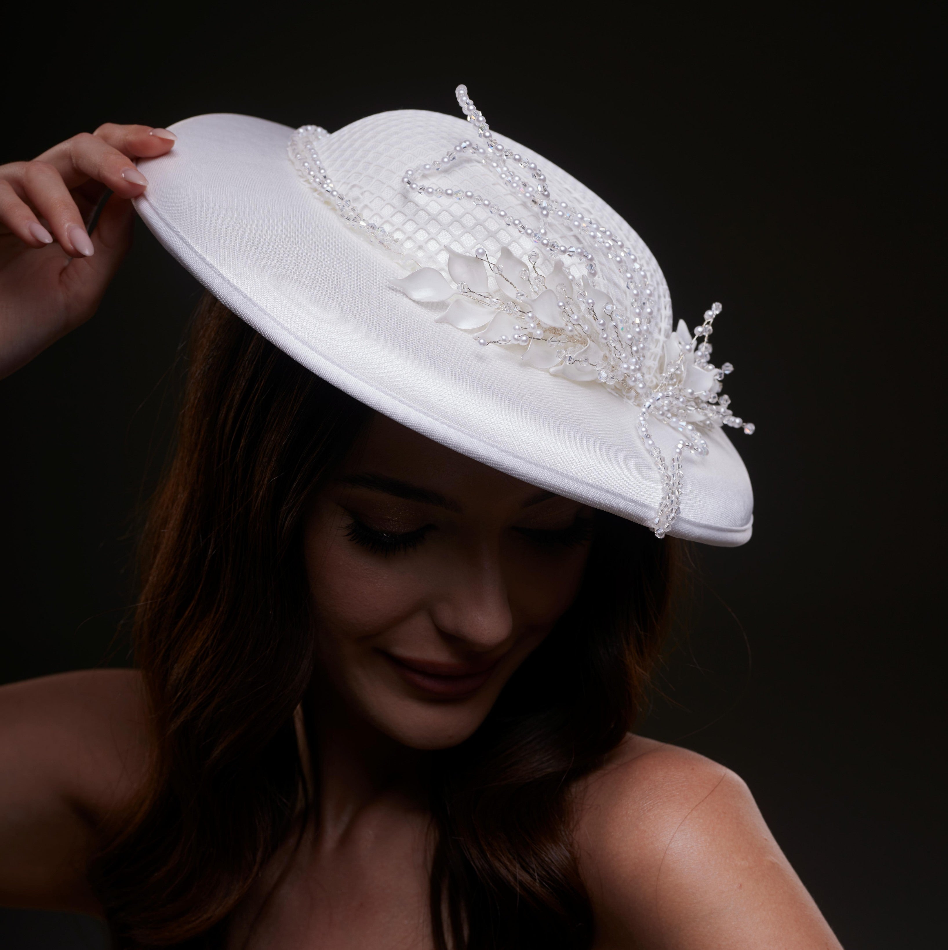 Elegant White Bridal Hat with Beaded Flower Detail