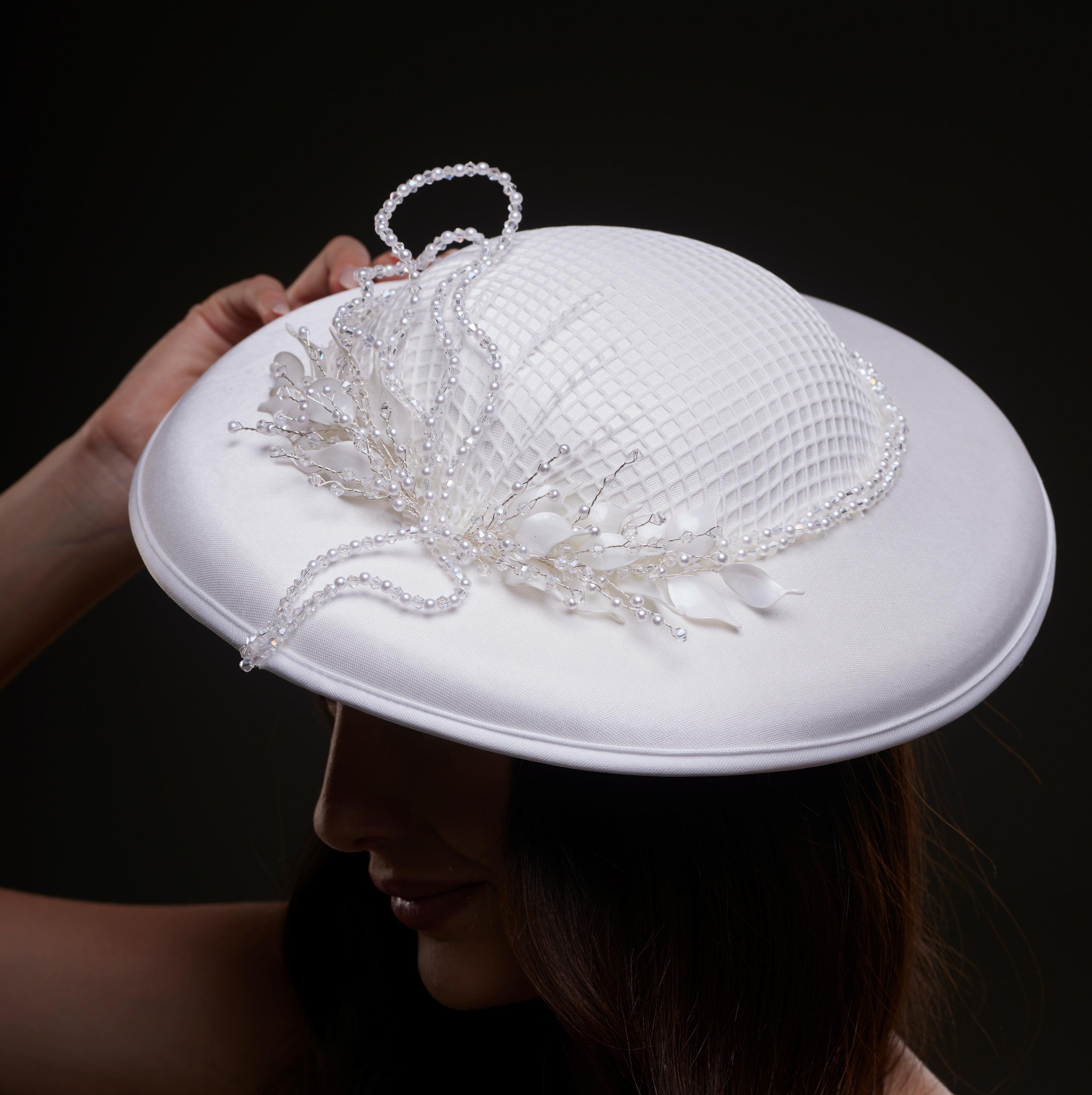 Elegant White Bridal Hat with Beaded Flower Detail