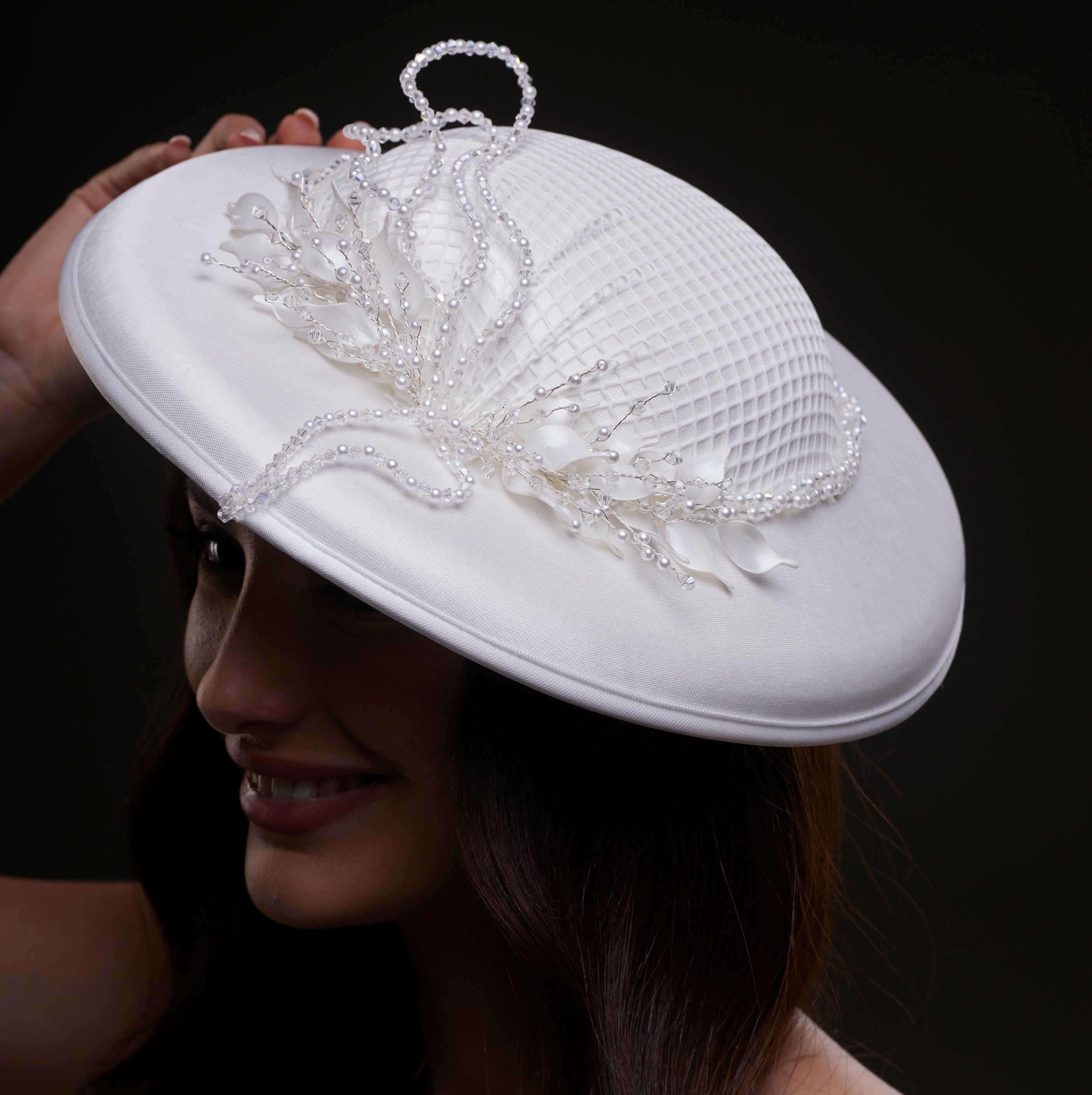 Elegant White Bridal Hat with Beaded Flower Detail