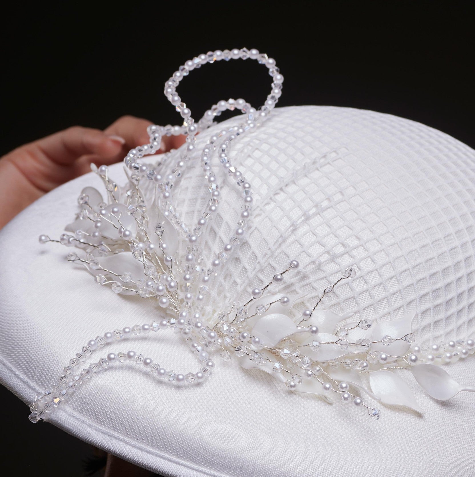 Elegant White Bridal Hat with Beaded Flower Detail