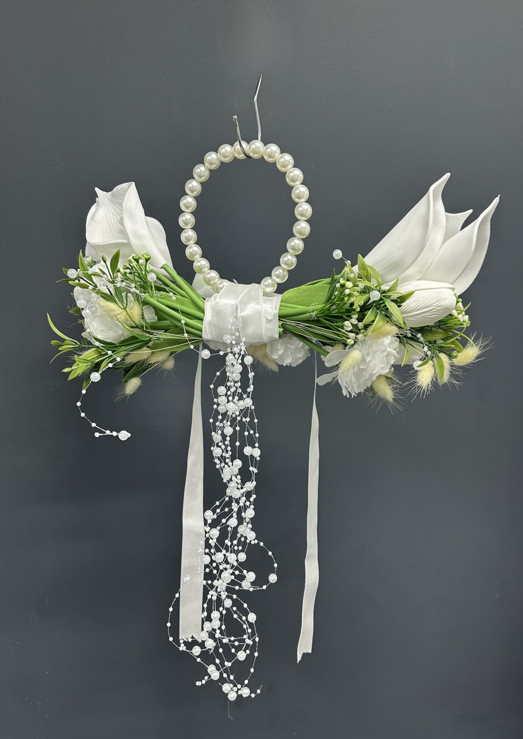 Pearl Bridal Hoop Bouquet, White Calla Lily Wedding Bouquet