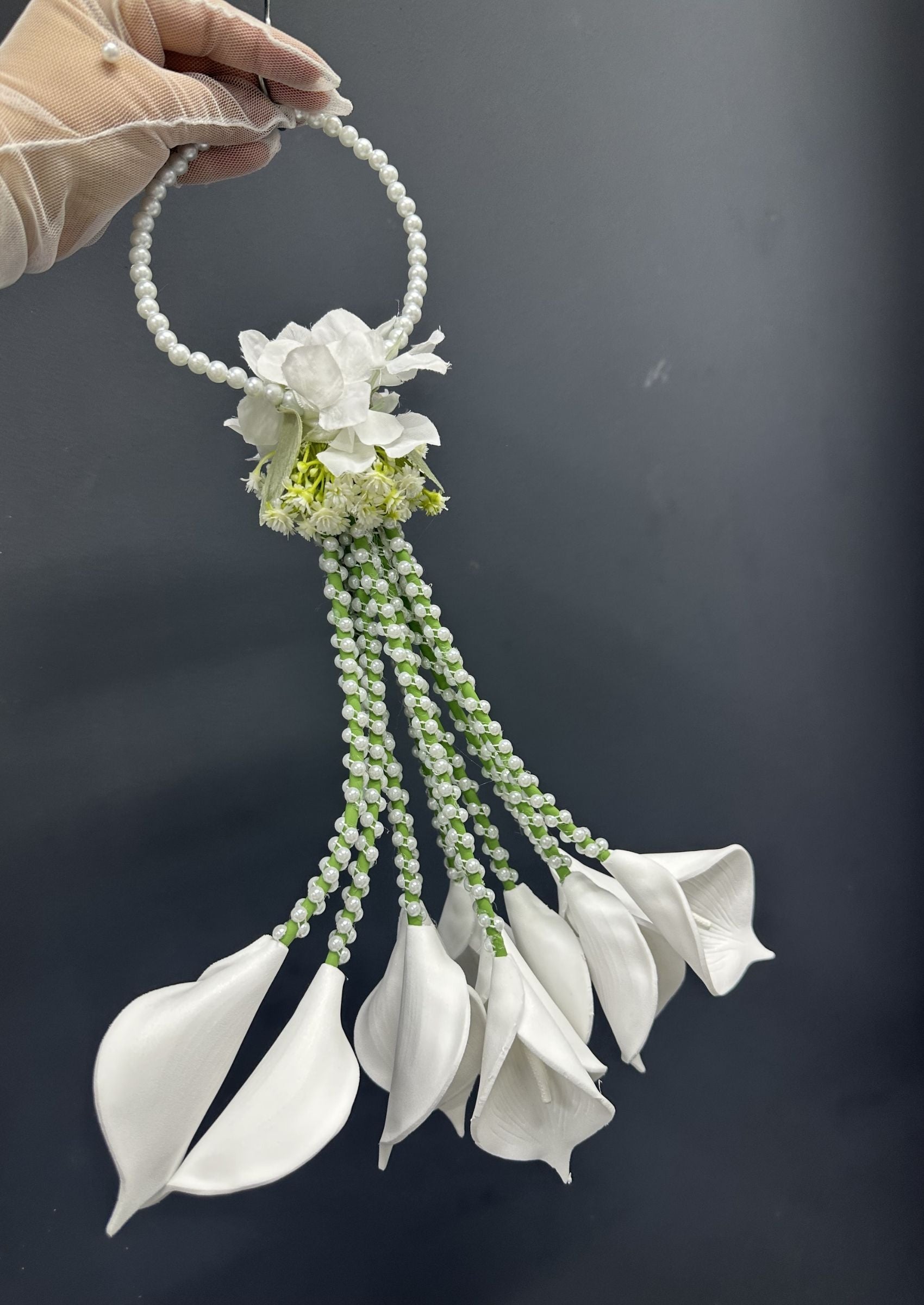Cascading Calla Lily Bridal Bouquet, Pearl Hoop Wedding Bouquet