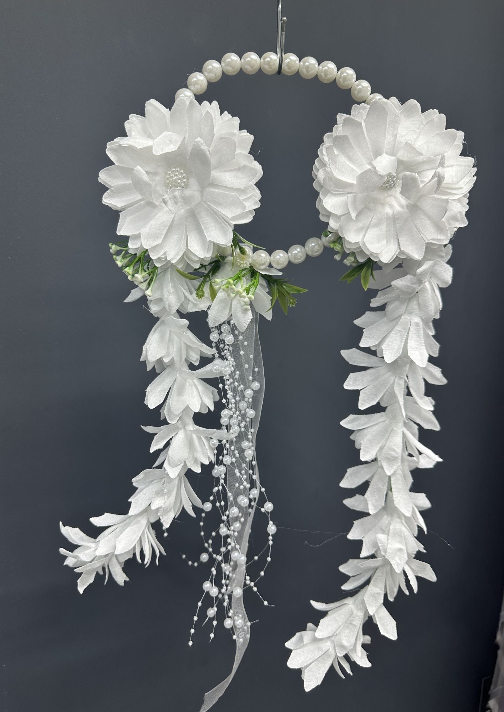 Pearl Bridal Hoop Bouquet, White Flower Girl Hoop