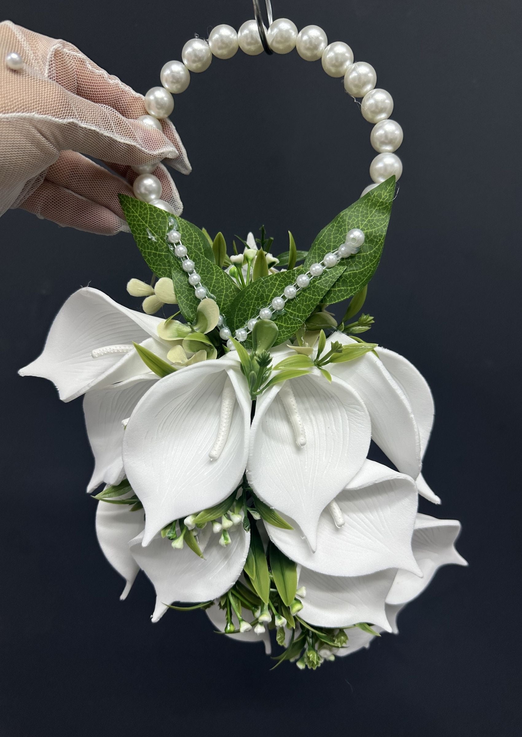 Pearl Bridal Hoop Bouquet, White Calla Lily Wedding Bouquet