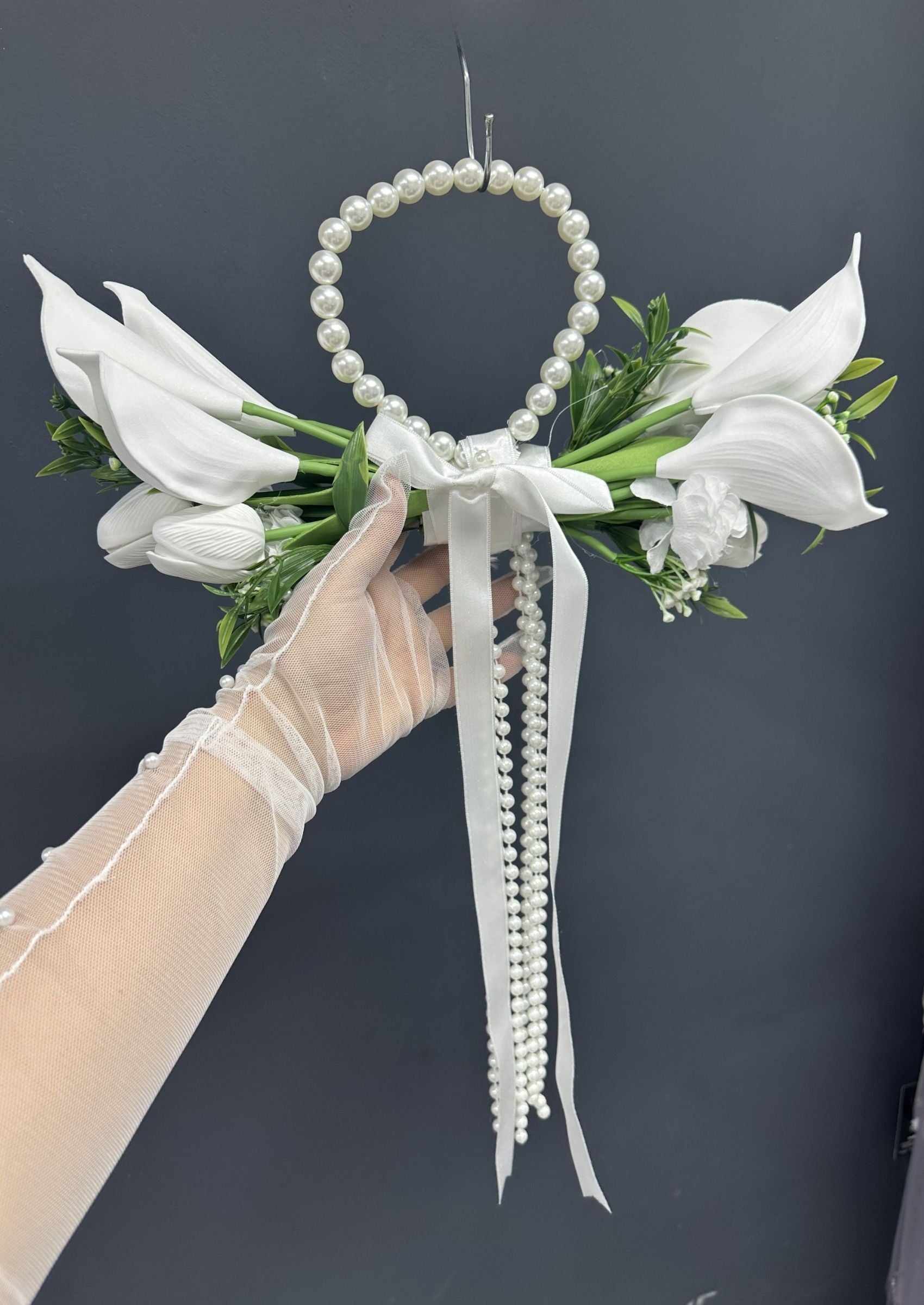 Pearl Bridal Hoop Bouquet, White Calla Lily Wedding Bouquet