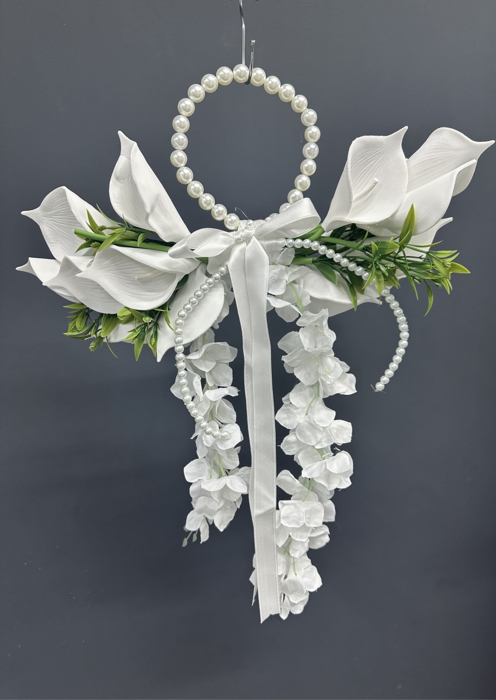 Pearl Bridal Hoop Bouquet, White Calla Lily Wedding Bouquet
