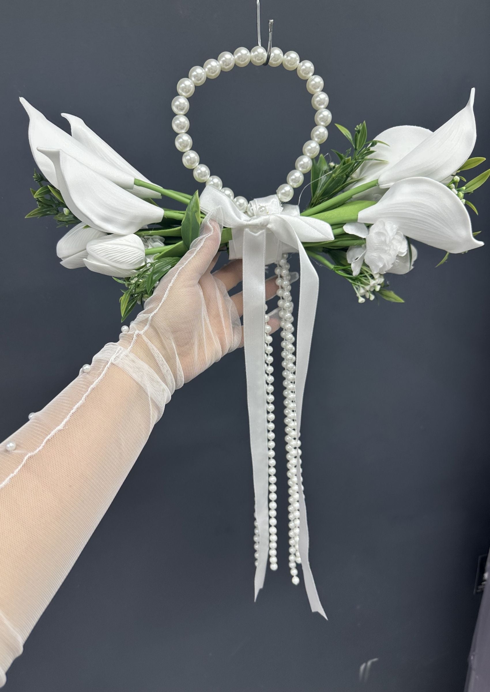 Pearl Bridal Hoop Bouquet, White Calla Lily Wedding Bouquet