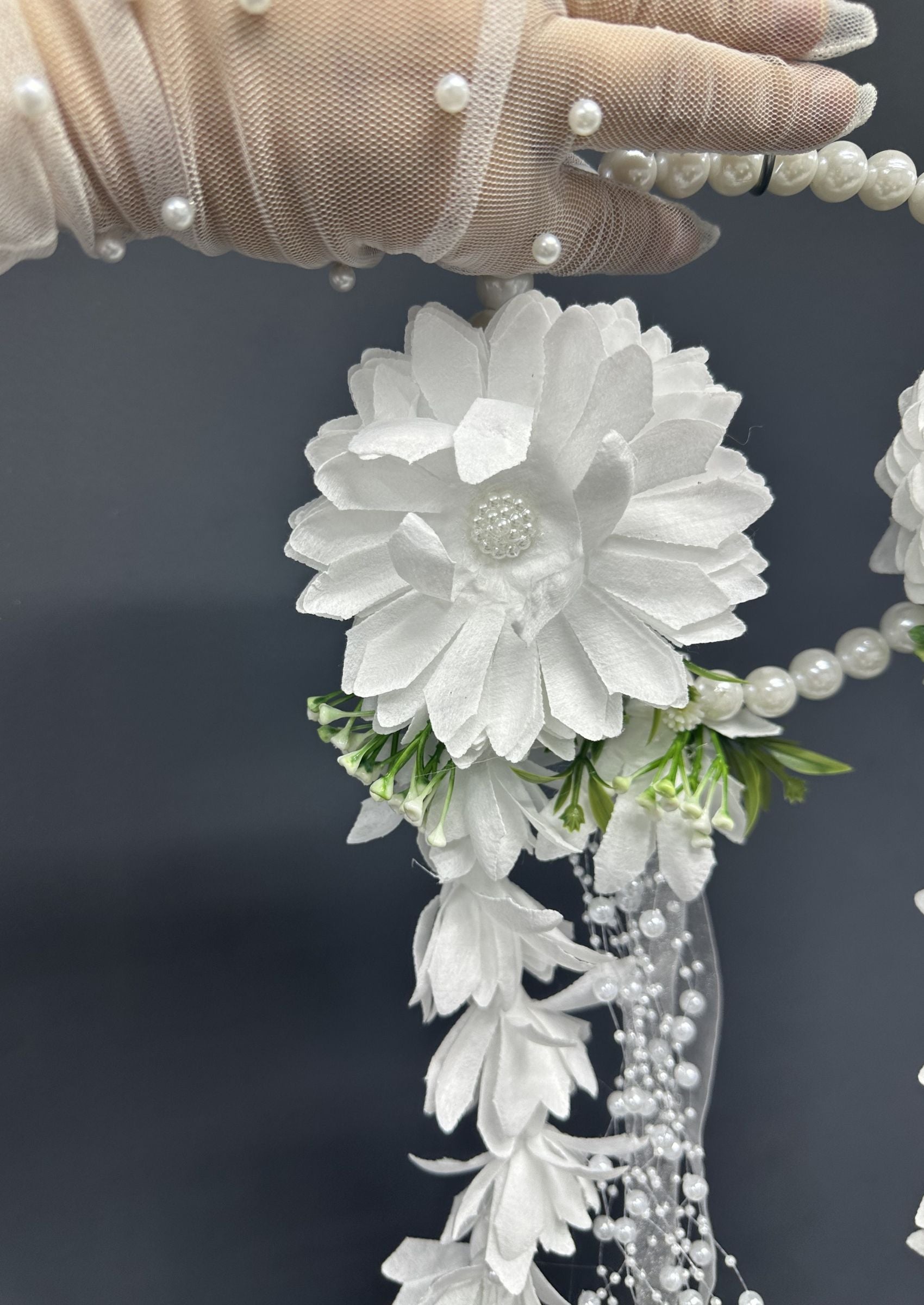 Pearl Bridal Hoop Bouquet, White Flower Girl Hoop