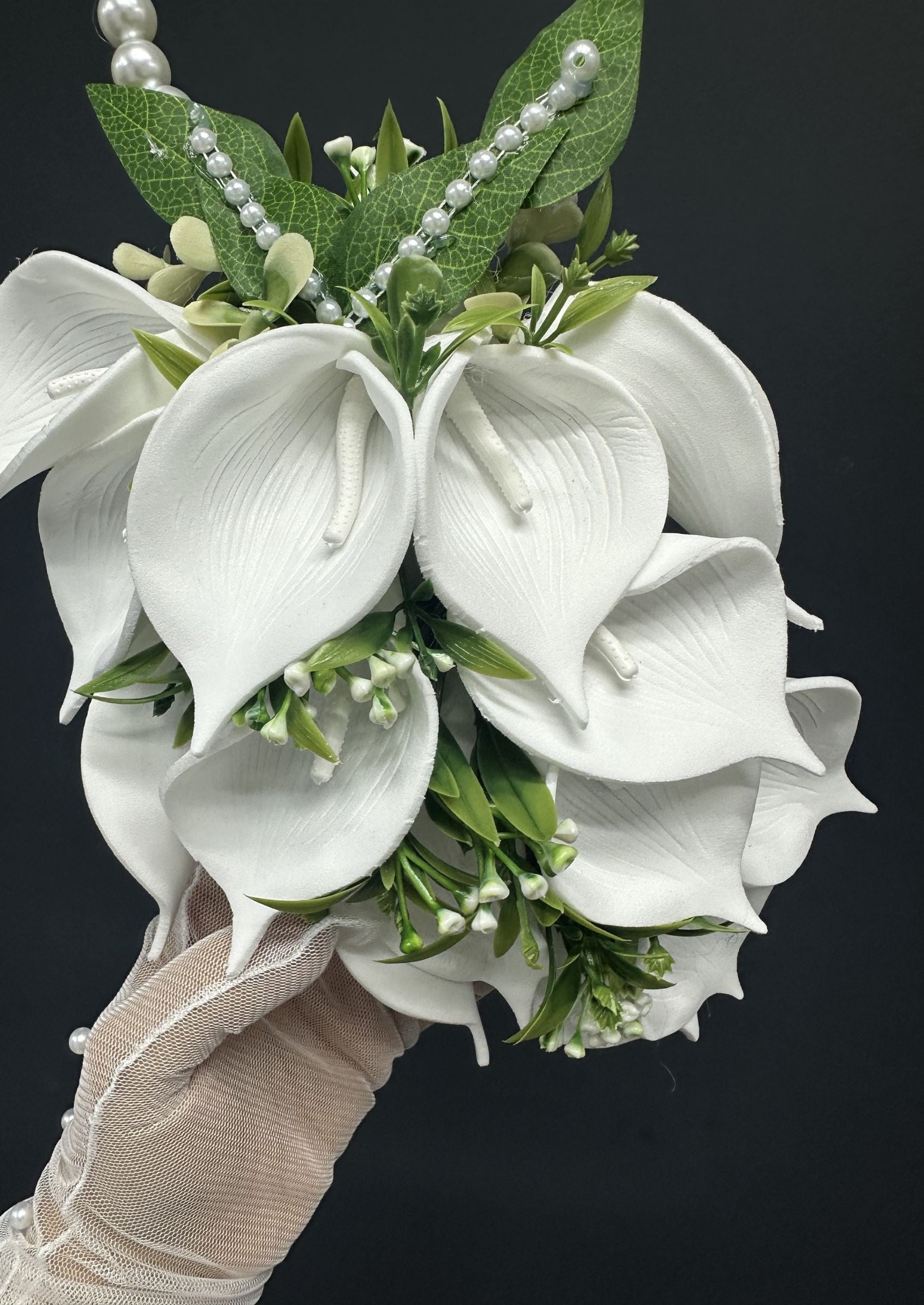 Pearl Bridal Hoop Bouquet, White Calla Lily Wedding Bouquet