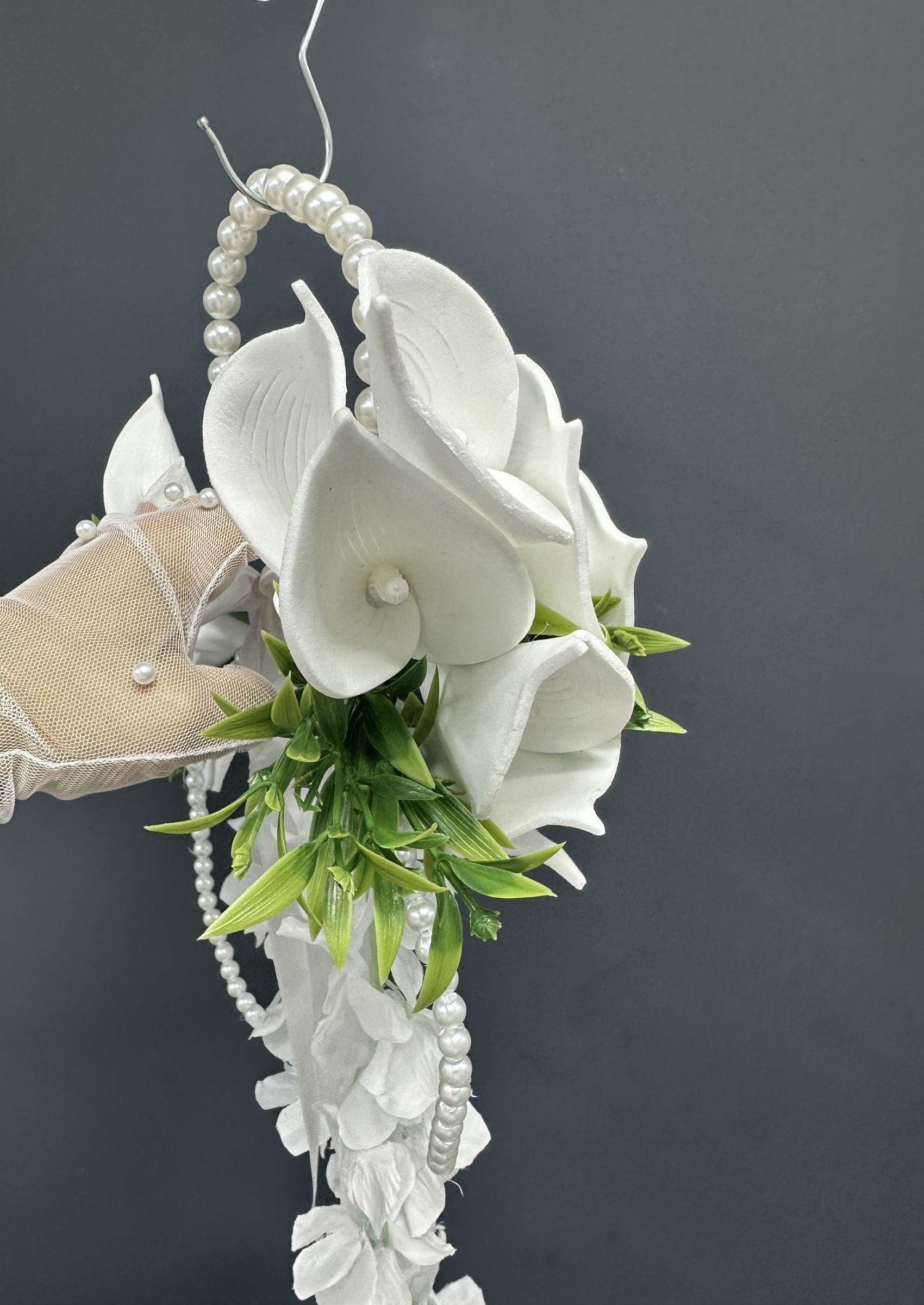 Pearl Bridal Hoop Bouquet, White Calla Lily Wedding Bouquet