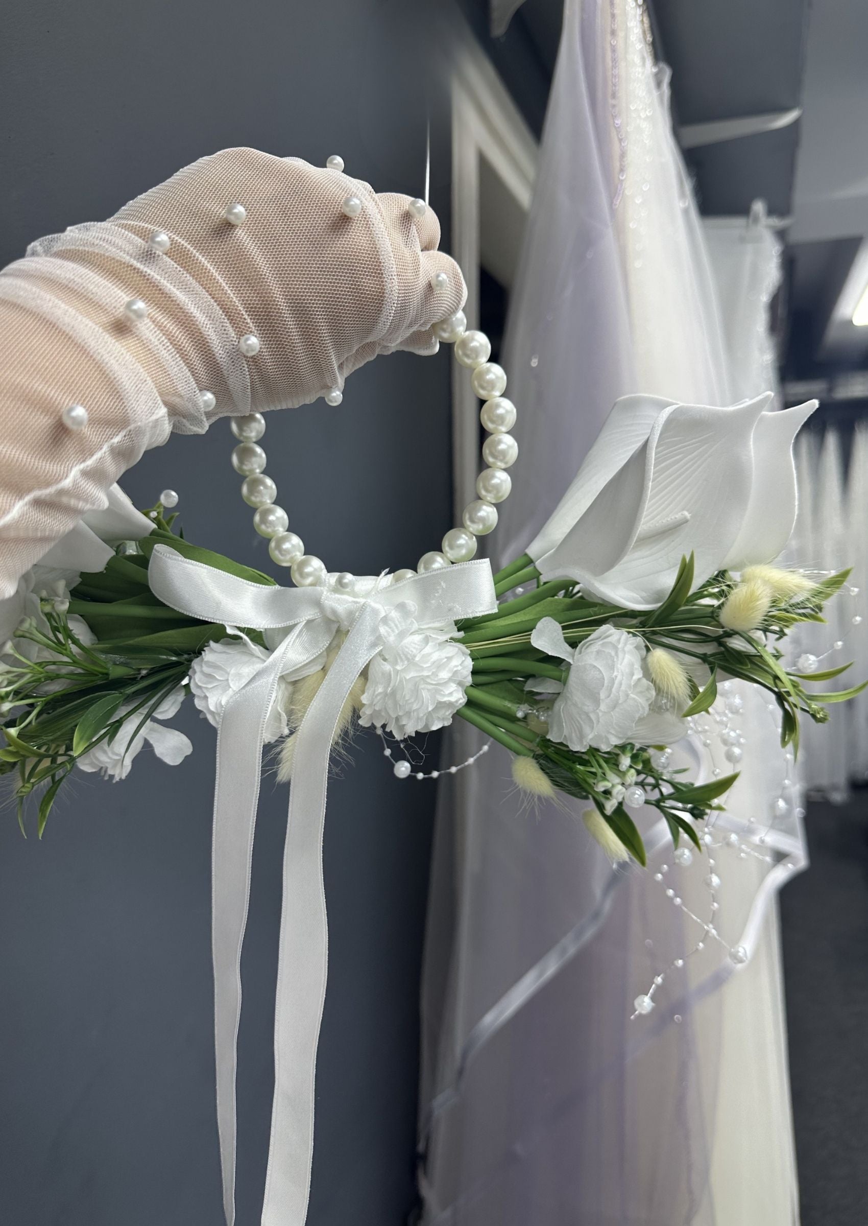 Pearl Bridal Hoop Bouquet, White Calla Lily Wedding Bouquet