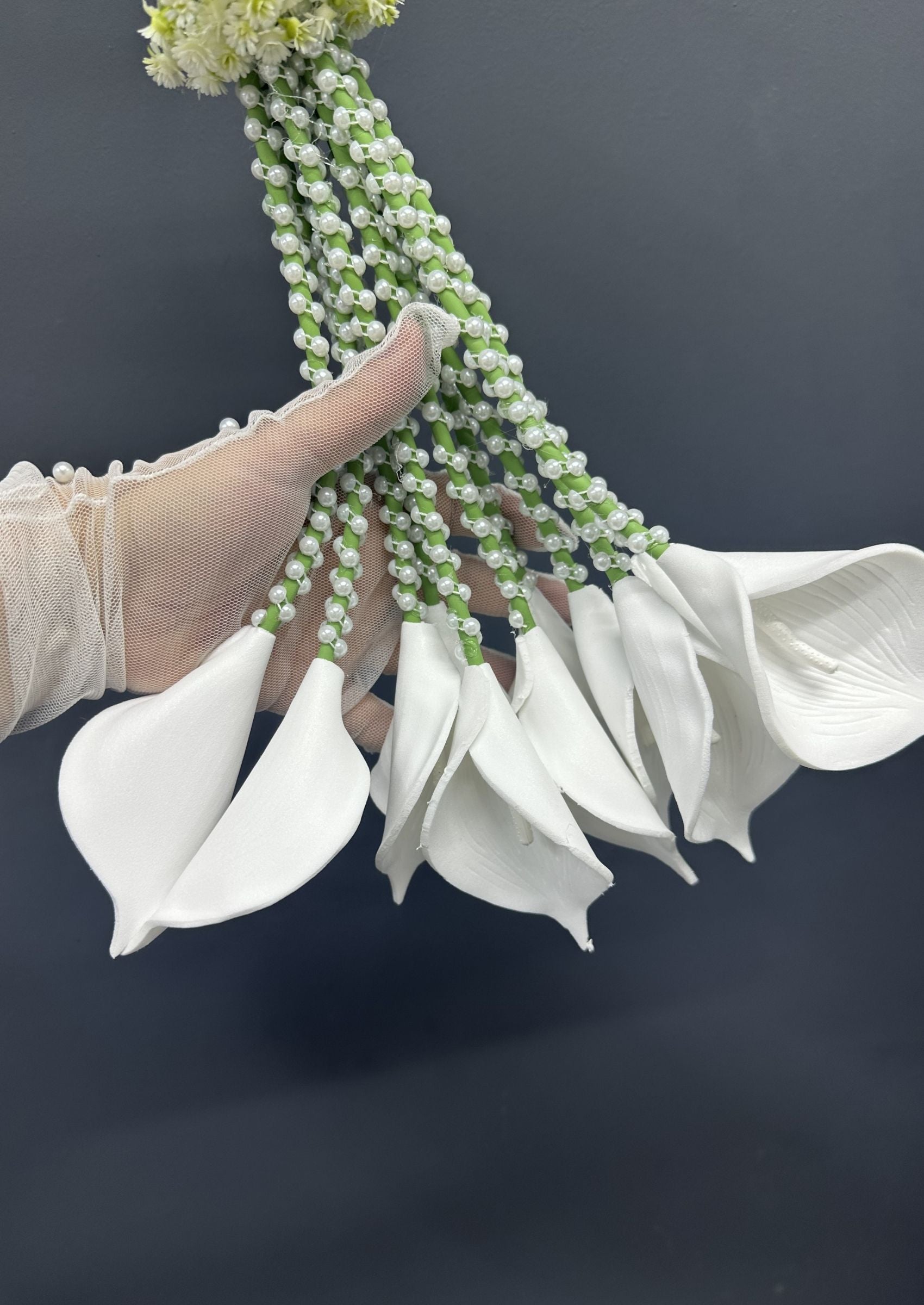 Cascading Calla Lily Bridal Bouquet, Pearl Hoop Wedding Bouquet
