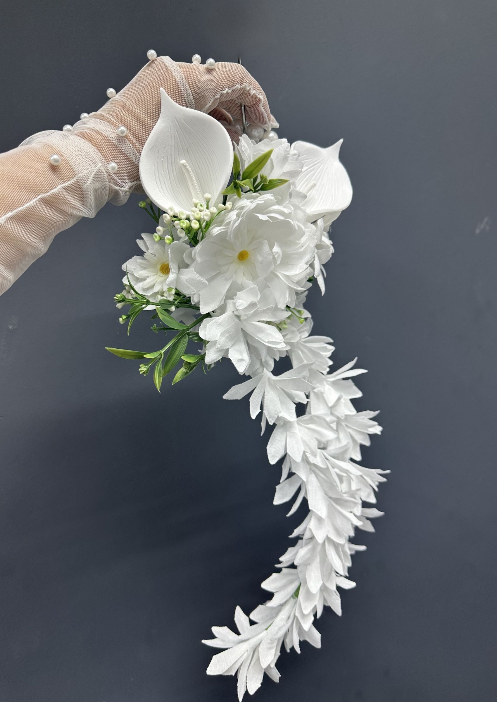 Cascading White Bridal Bouquet, Pearl Hoop Wedding Bouquet