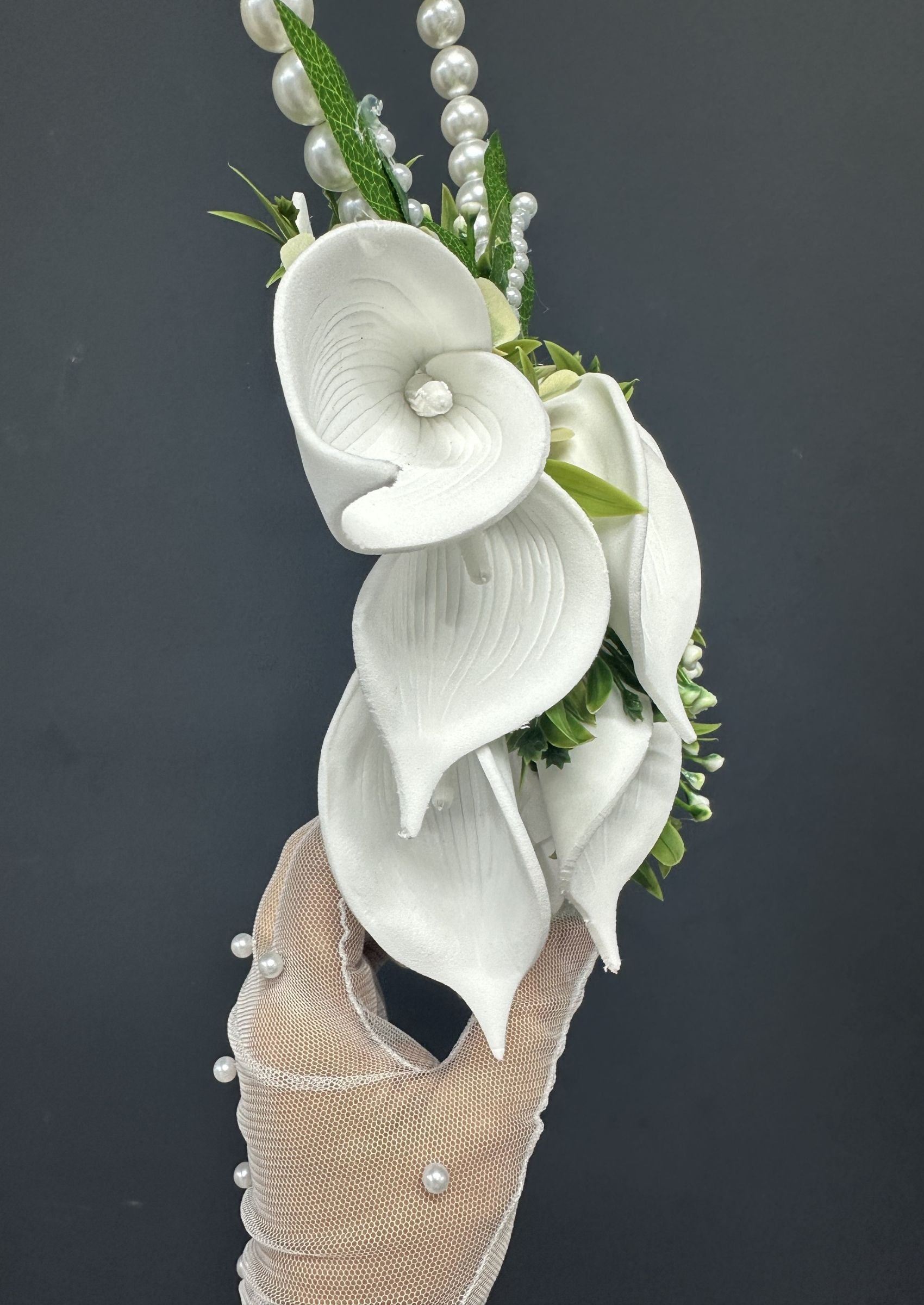 Pearl Bridal Hoop Bouquet, White Calla Lily Wedding Bouquet