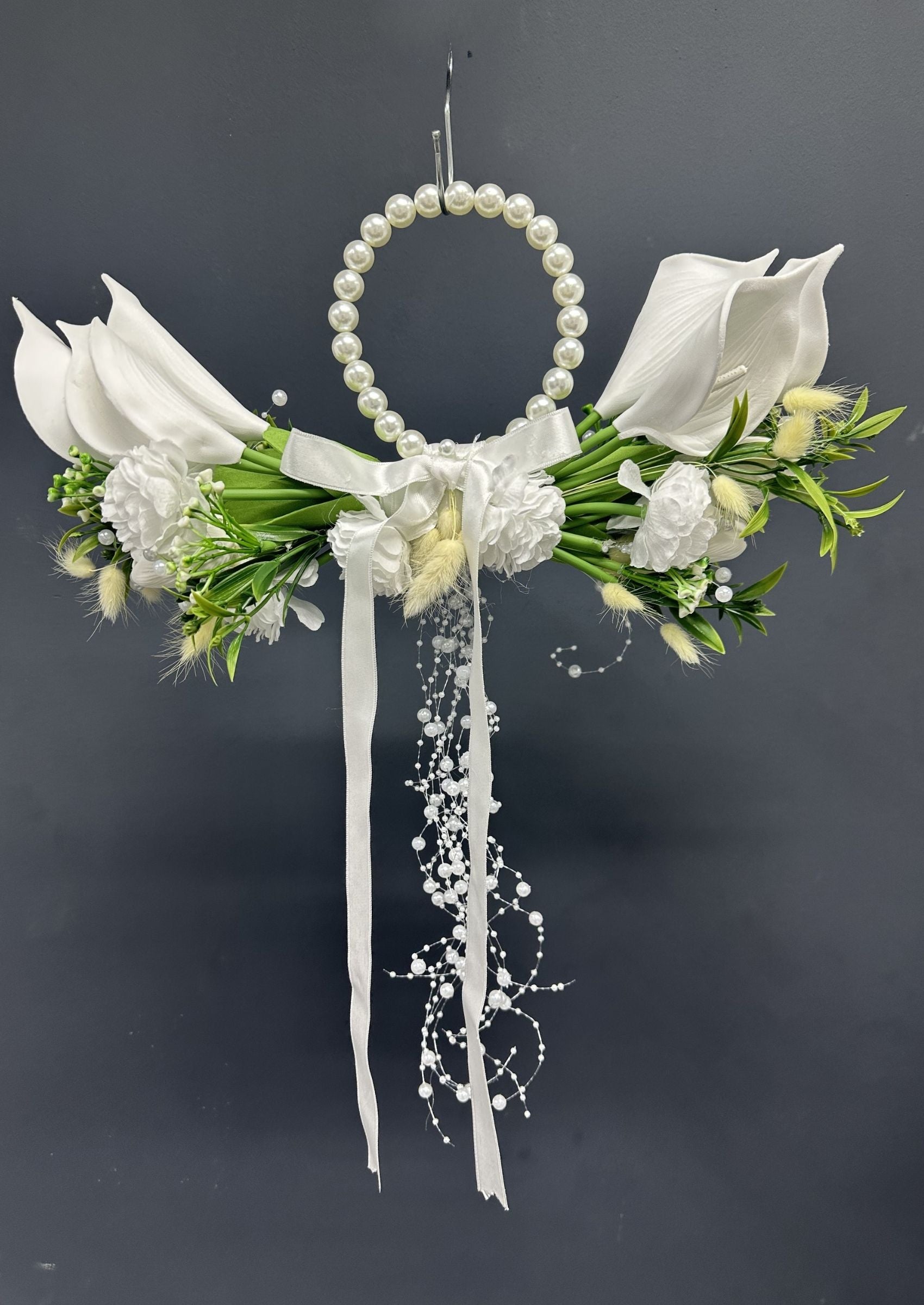 Pearl Bridal Hoop Bouquet, White Calla Lily Wedding Bouquet