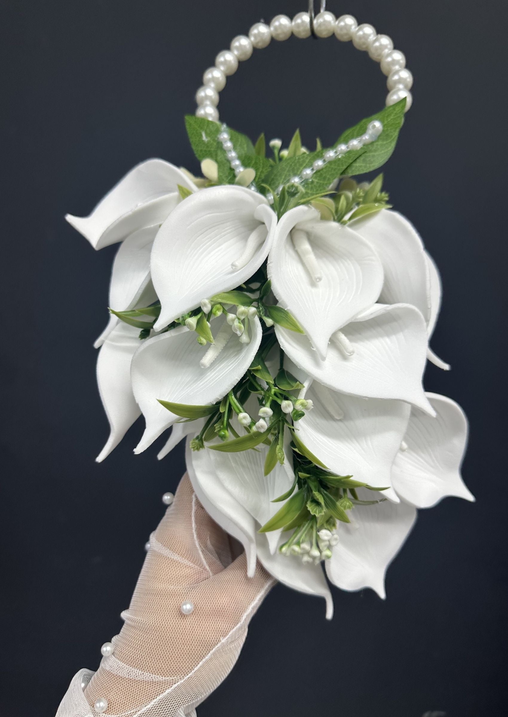 Pearl Bridal Hoop Bouquet, White Calla Lily Wedding Bouquet