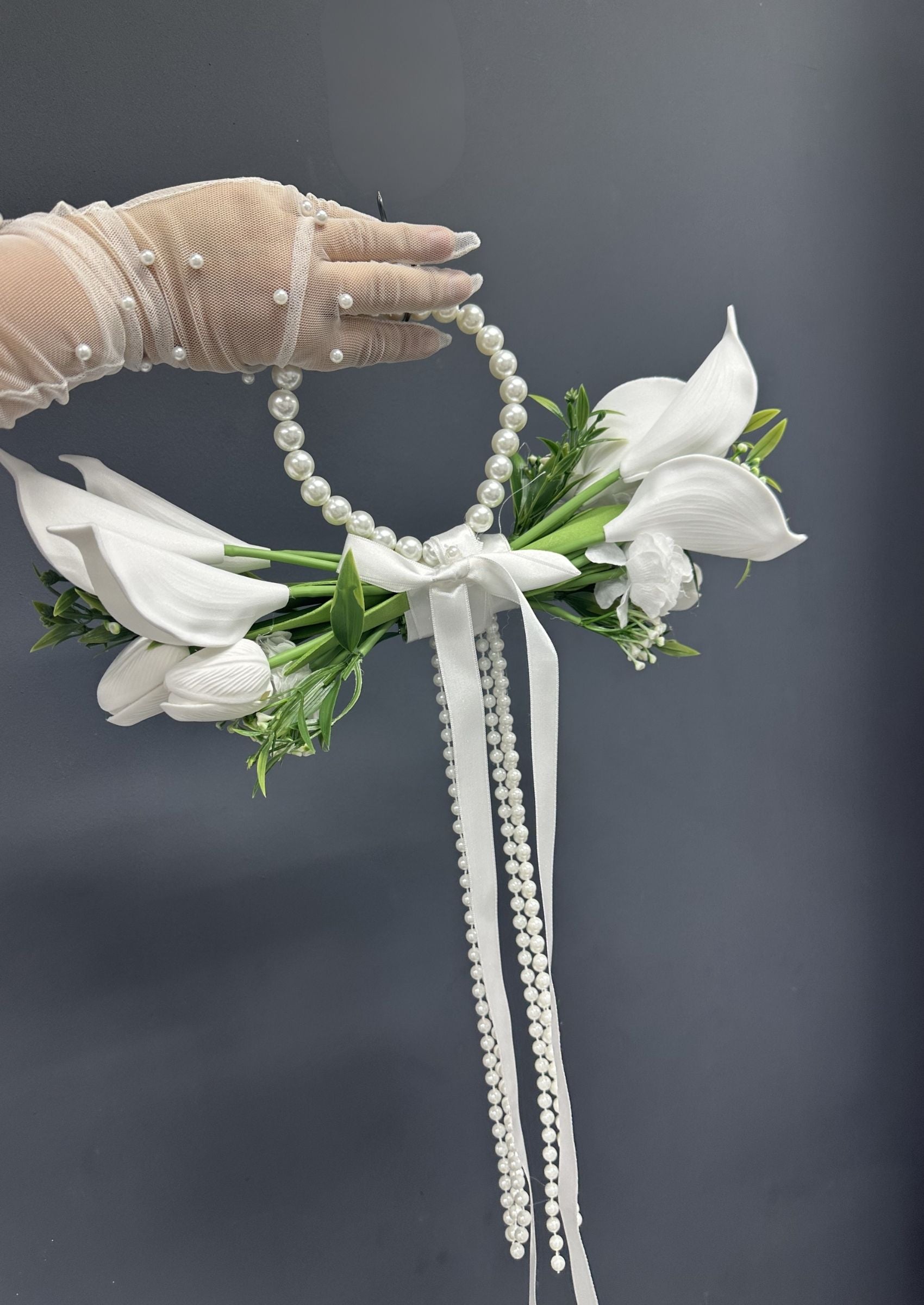 Pearl Bridal Hoop Bouquet, White Calla Lily Wedding Bouquet