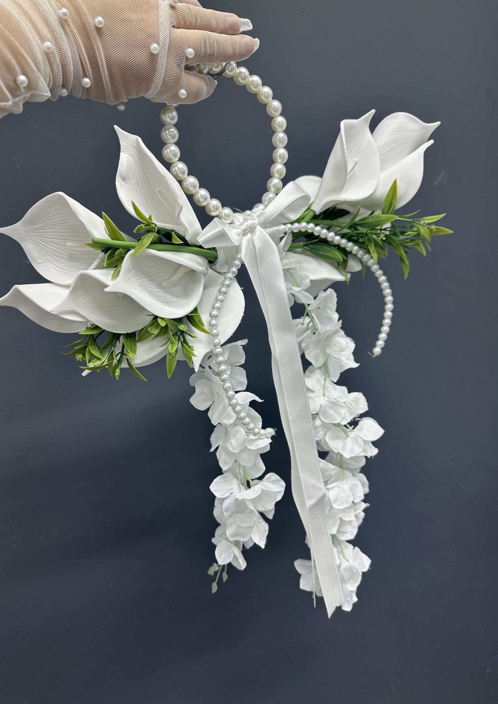 Pearl Bridal Hoop Bouquet, White Calla Lily Wedding Bouquet