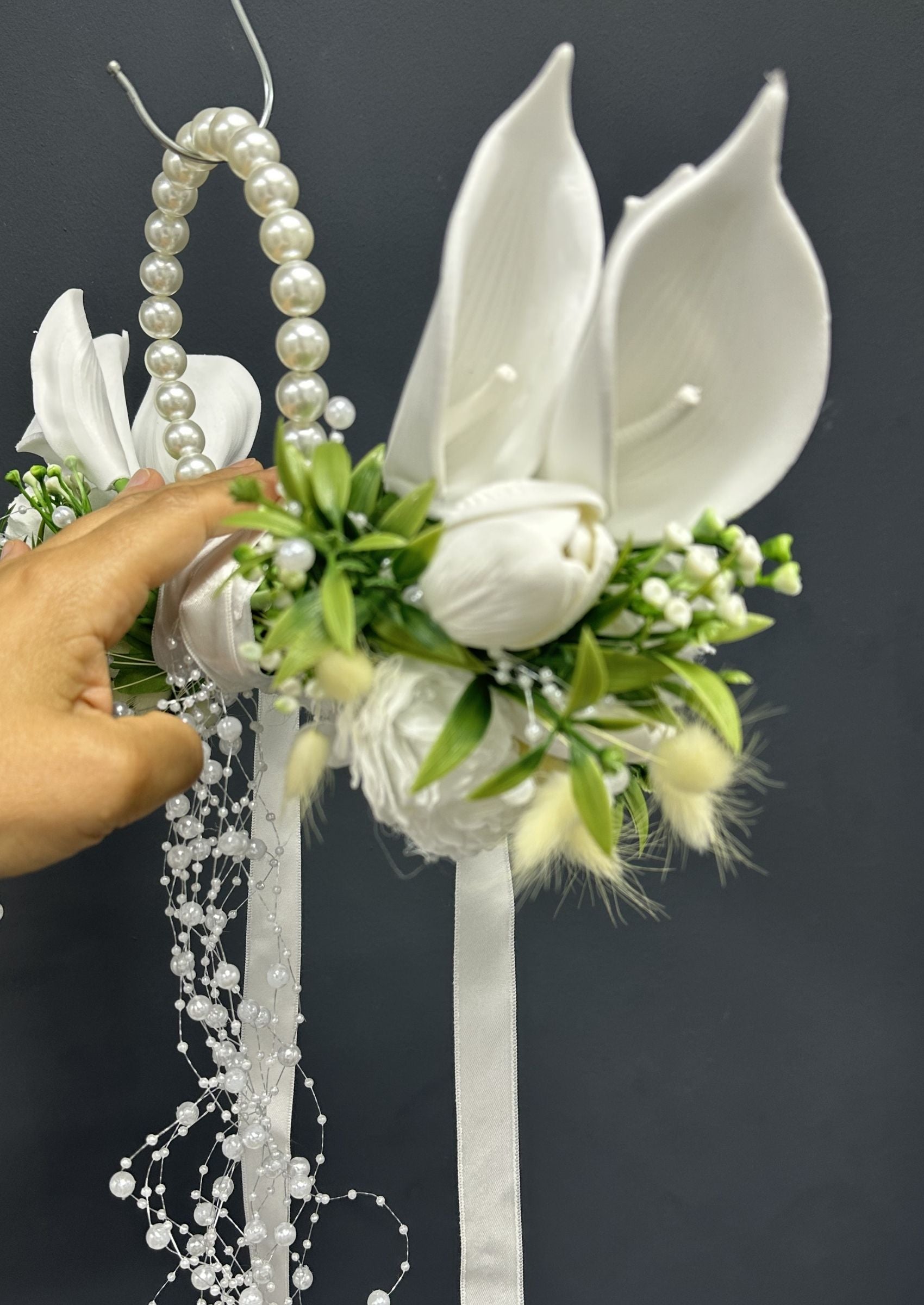 Pearl Bridal Hoop Bouquet, White Calla Lily Wedding Bouquet