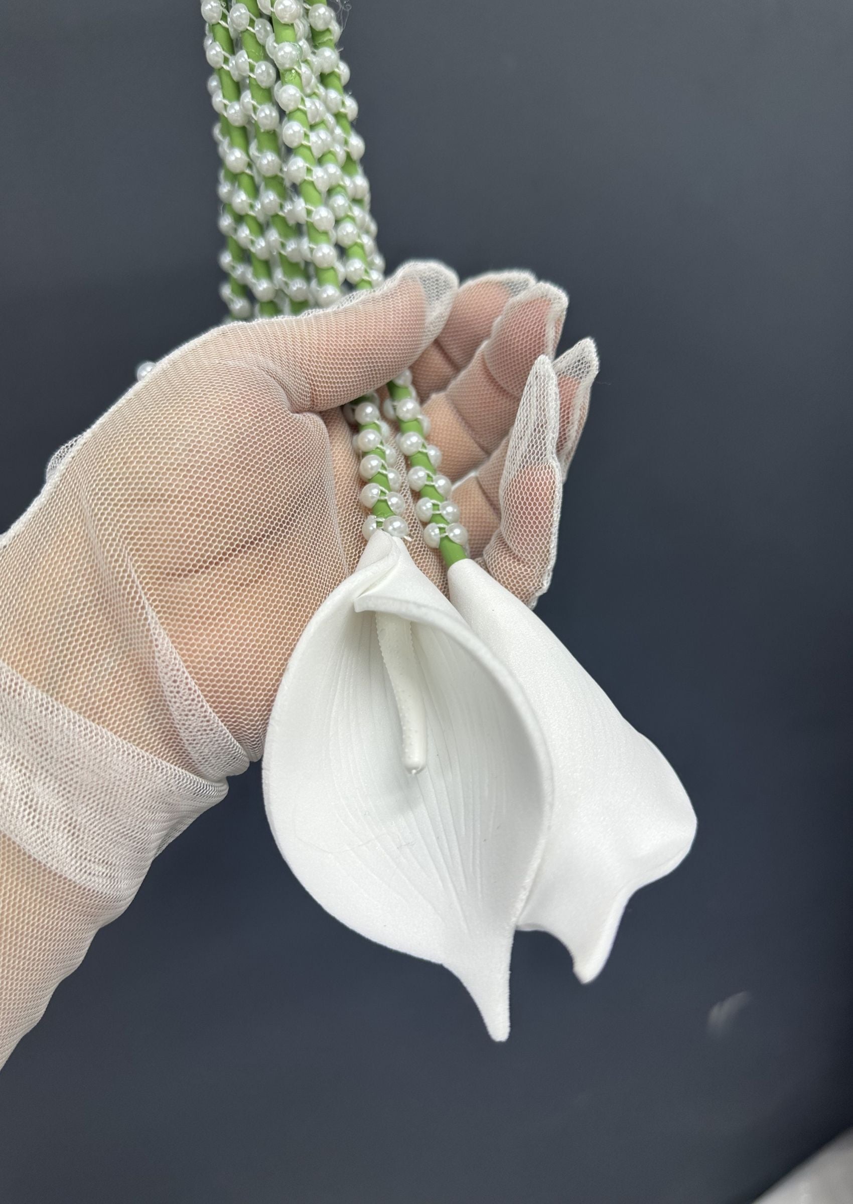 Cascading Calla Lily Bridal Bouquet, Pearl Hoop Wedding Bouquet